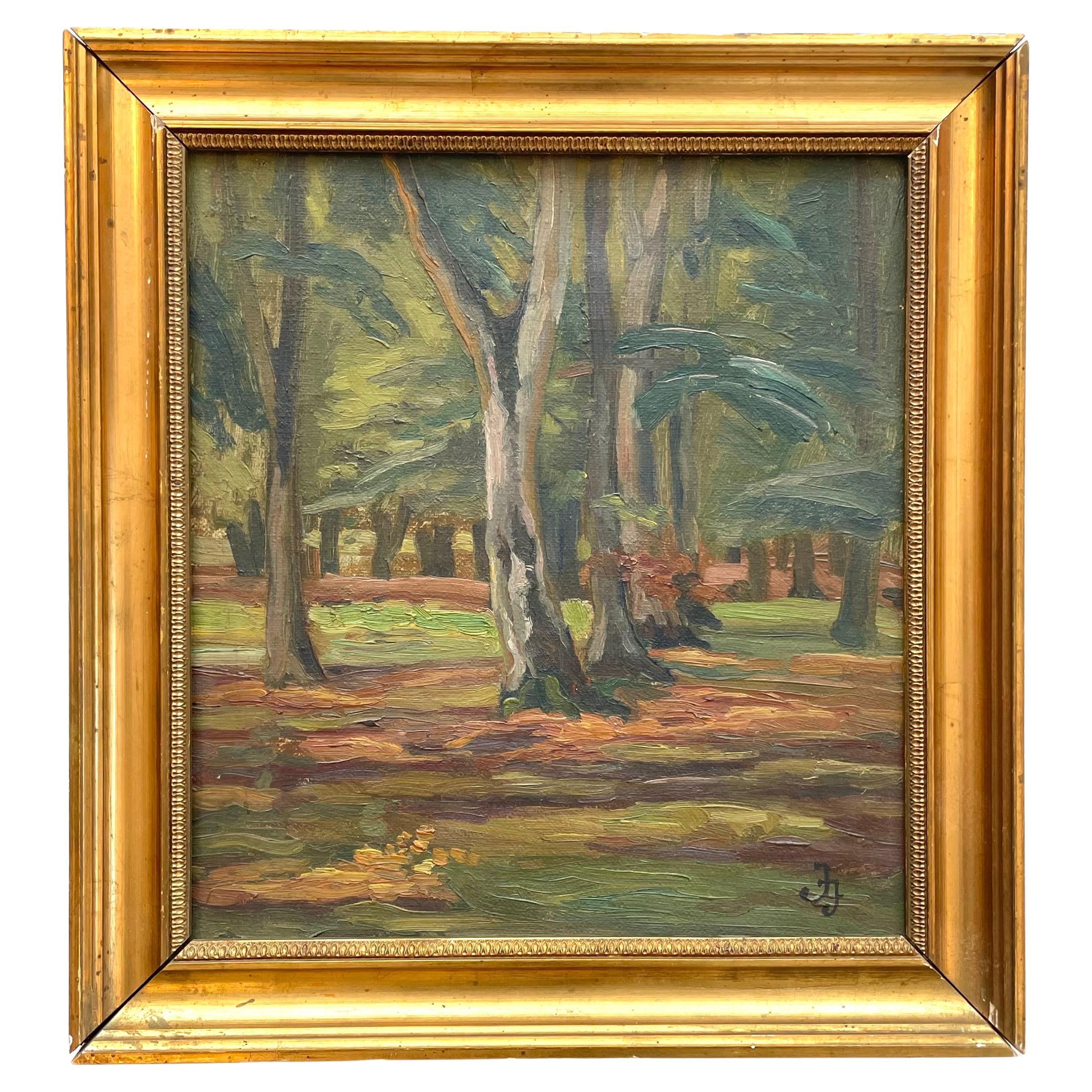 Early 20th century Danish signed oil painting of forest landscape