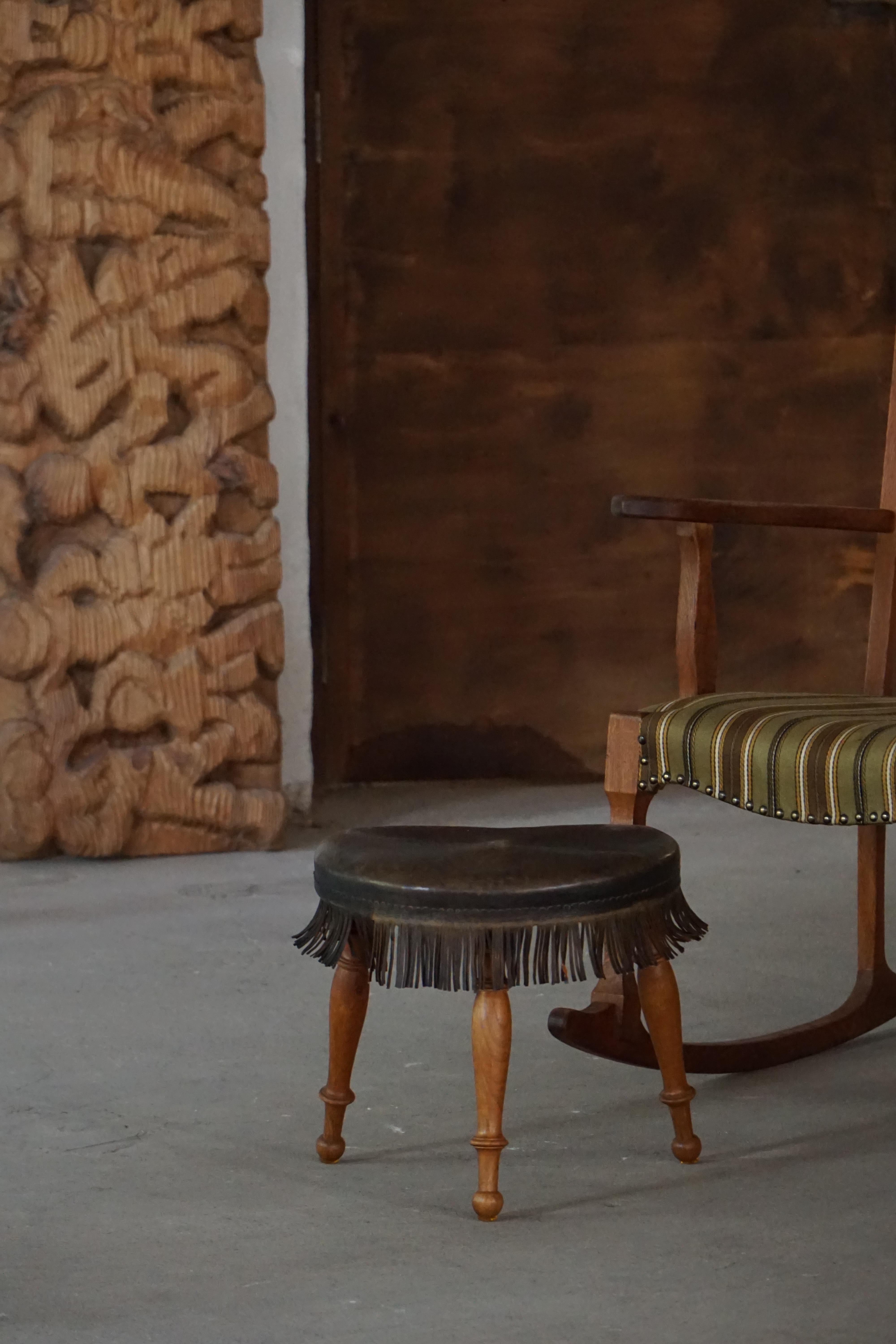 Early 20th Century, Danish Tripod Oak Stool with Leather Fringe, 1930s For Sale 5