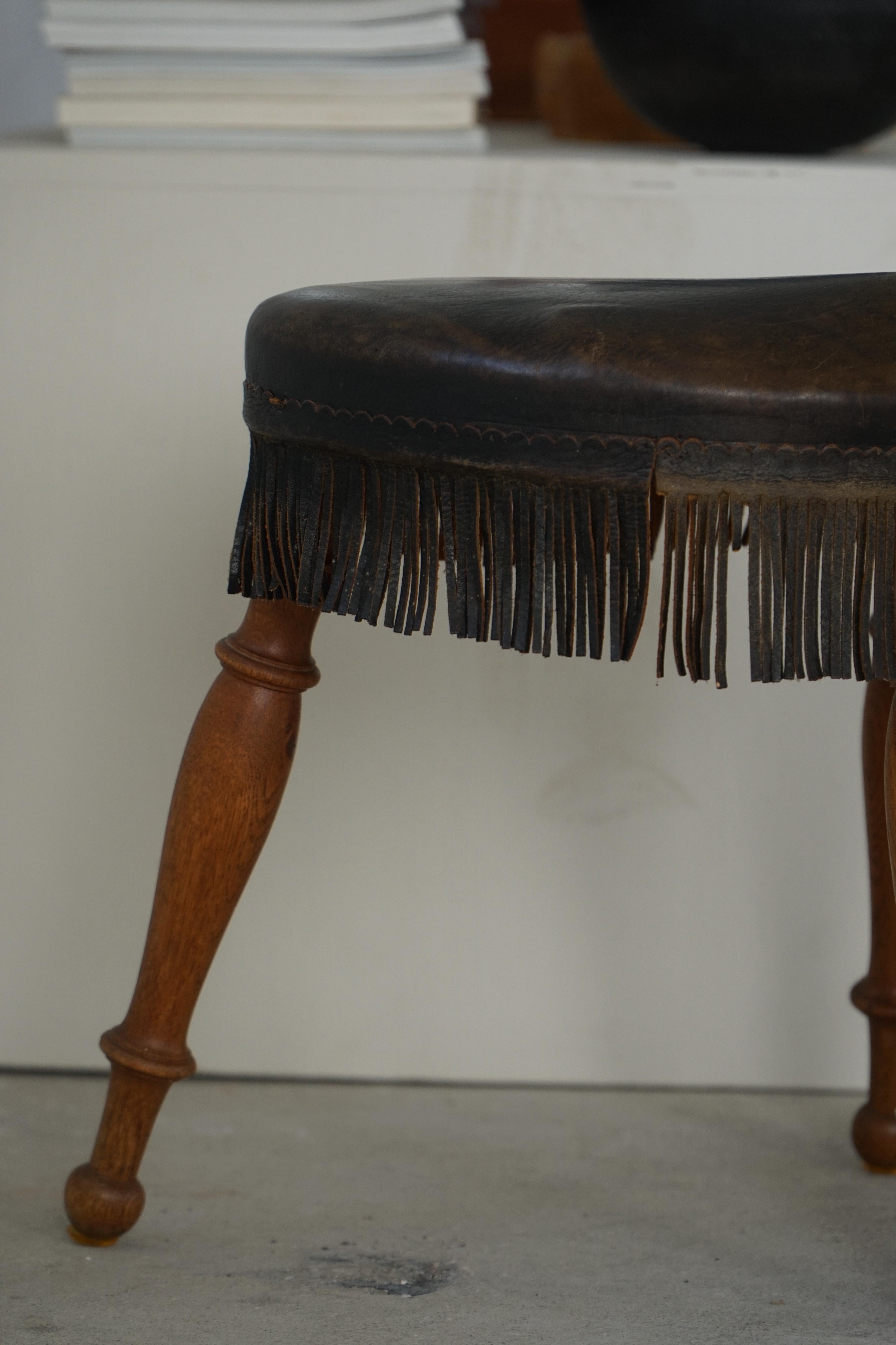 Early 20th Century, Danish Tripod Oak Stool with Leather Fringe, 1930s For Sale 6