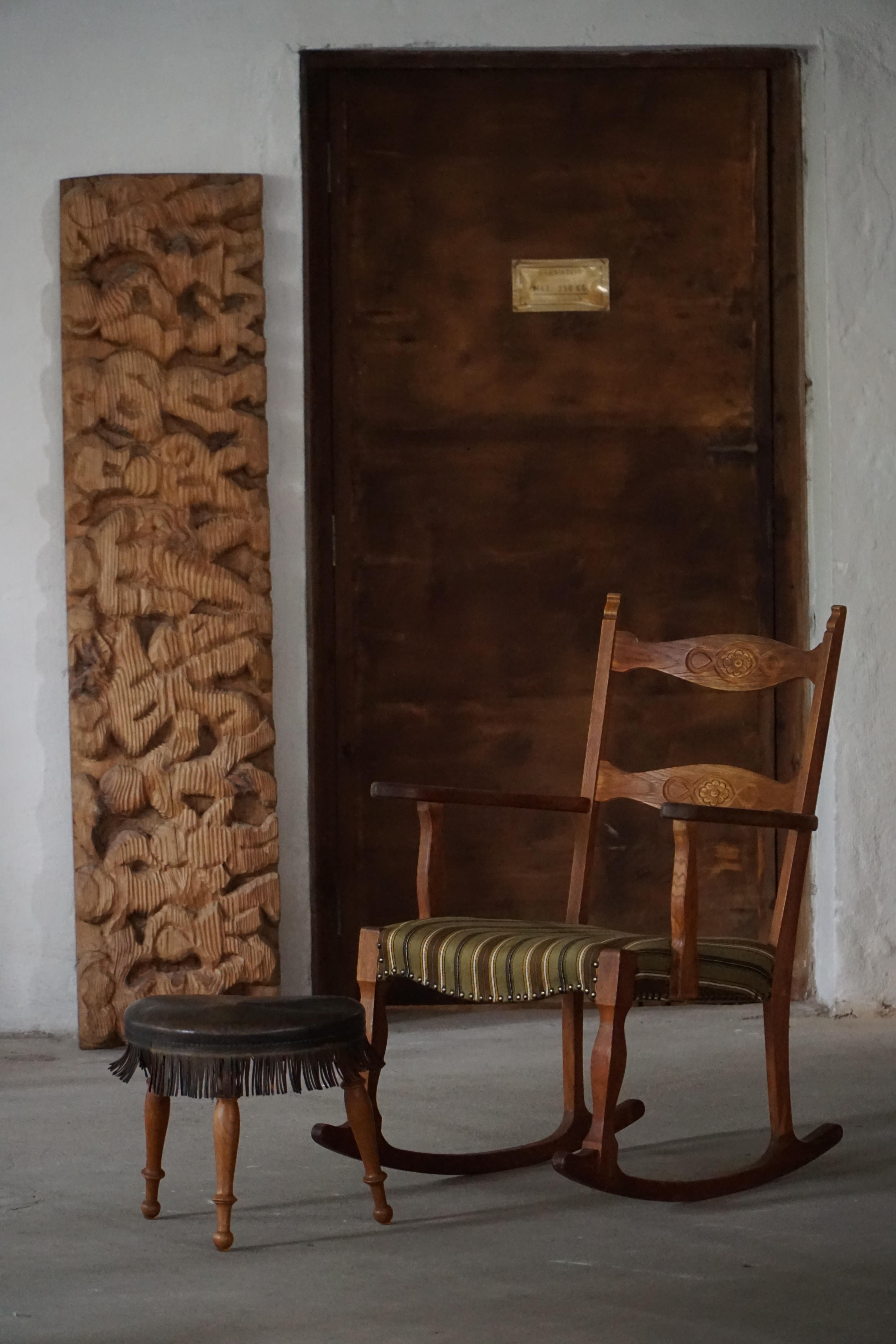 Early 20th Century, Danish Tripod Oak Stool with Leather Fringe, 1930s For Sale 8