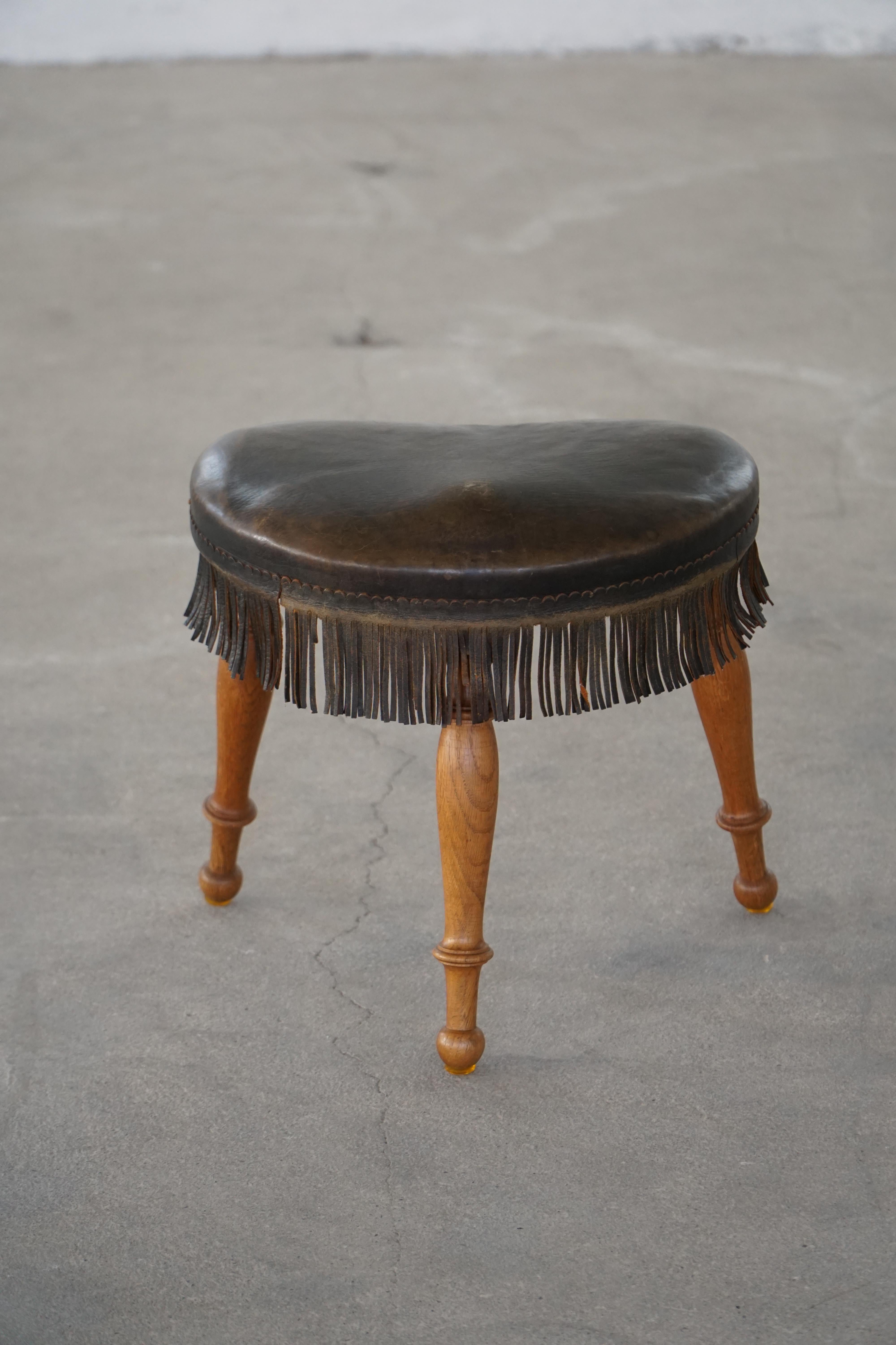 Early 20th Century, Danish Tripod Oak Stool with Leather Fringe, 1930s For Sale 9