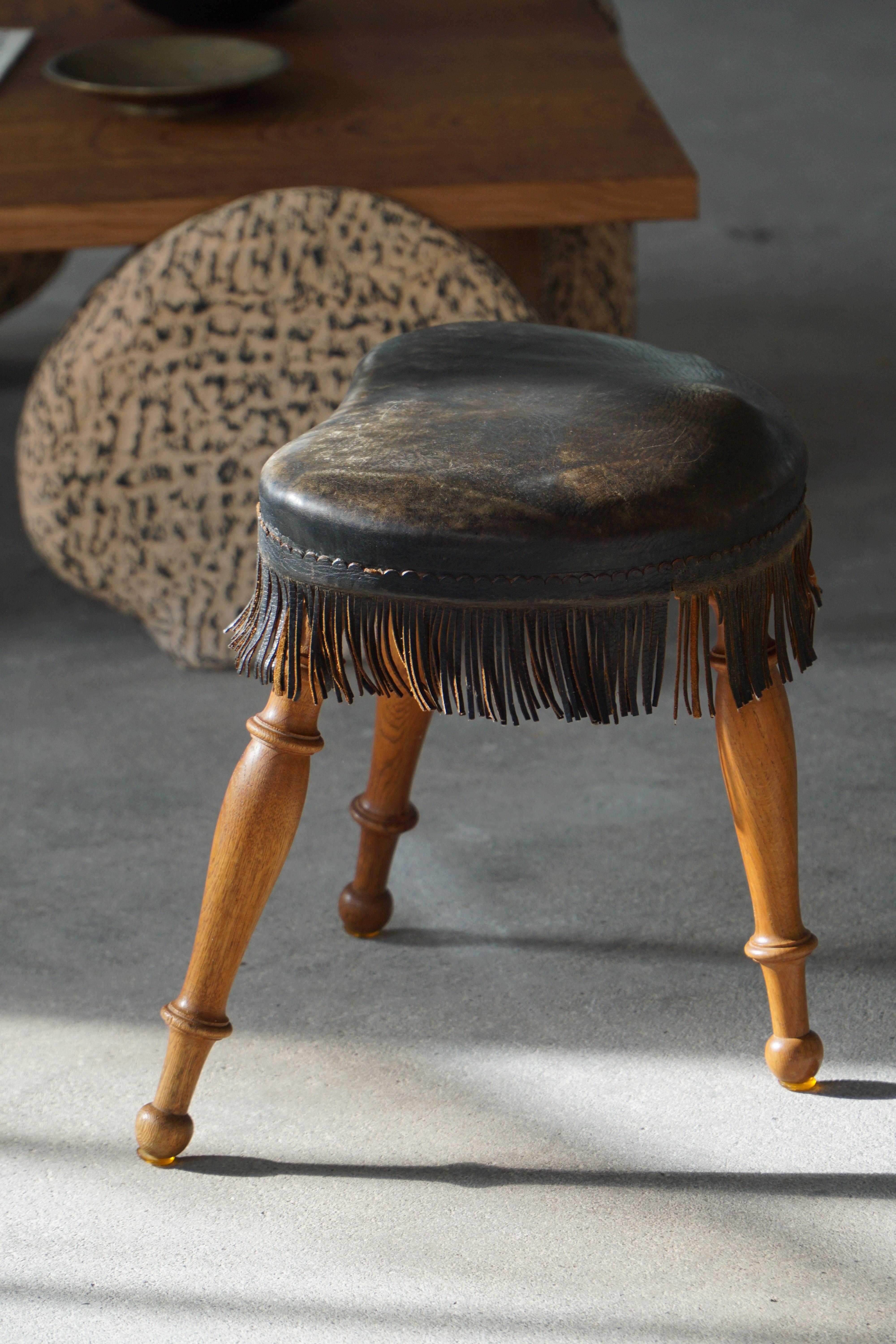 Early 20th Century, Danish Tripod Oak Stool with Leather Fringe, 1930s For Sale 11