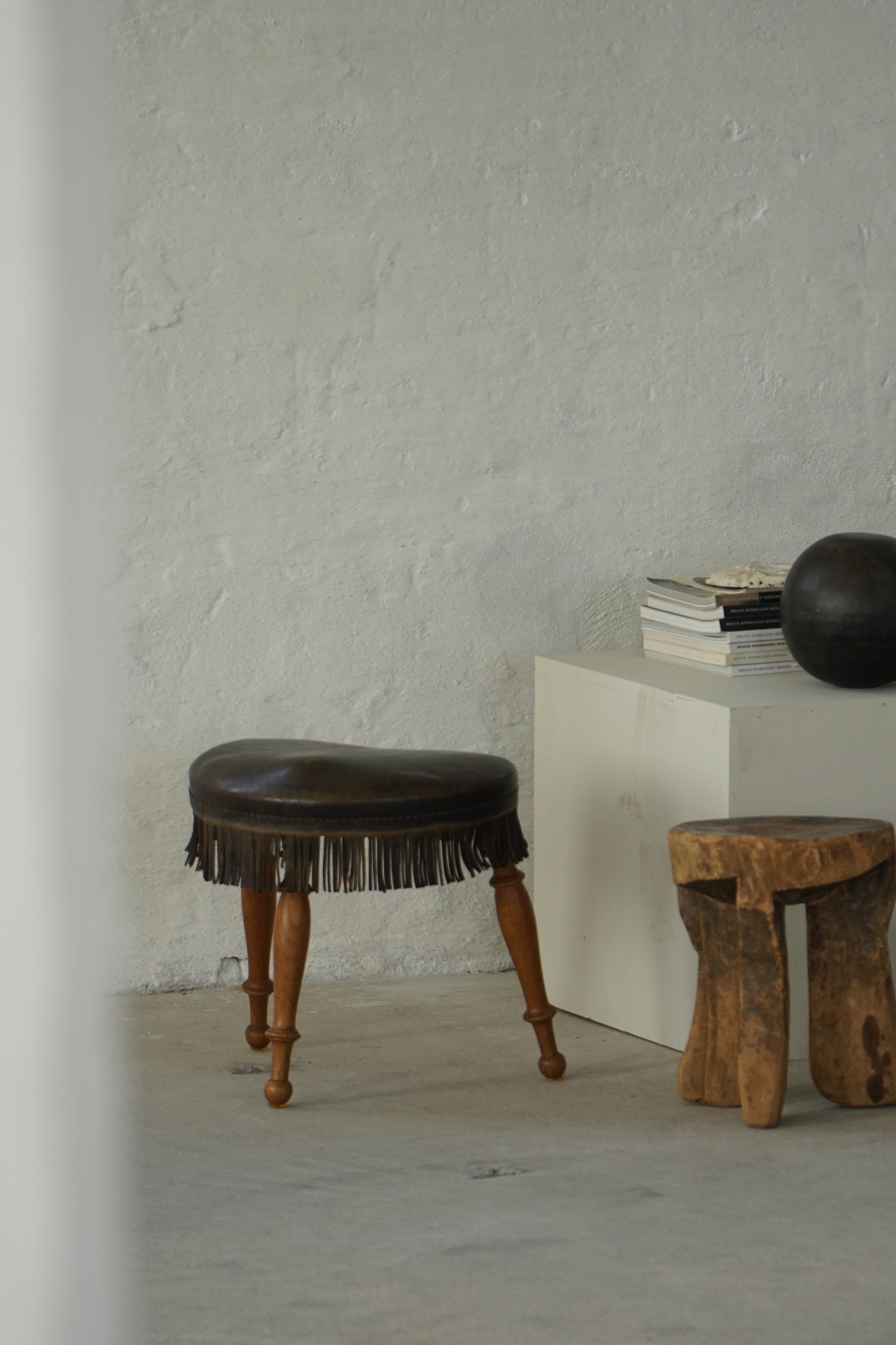Early 20th Century, Danish Tripod Oak Stool with Leather Fringe, 1930s For Sale 12