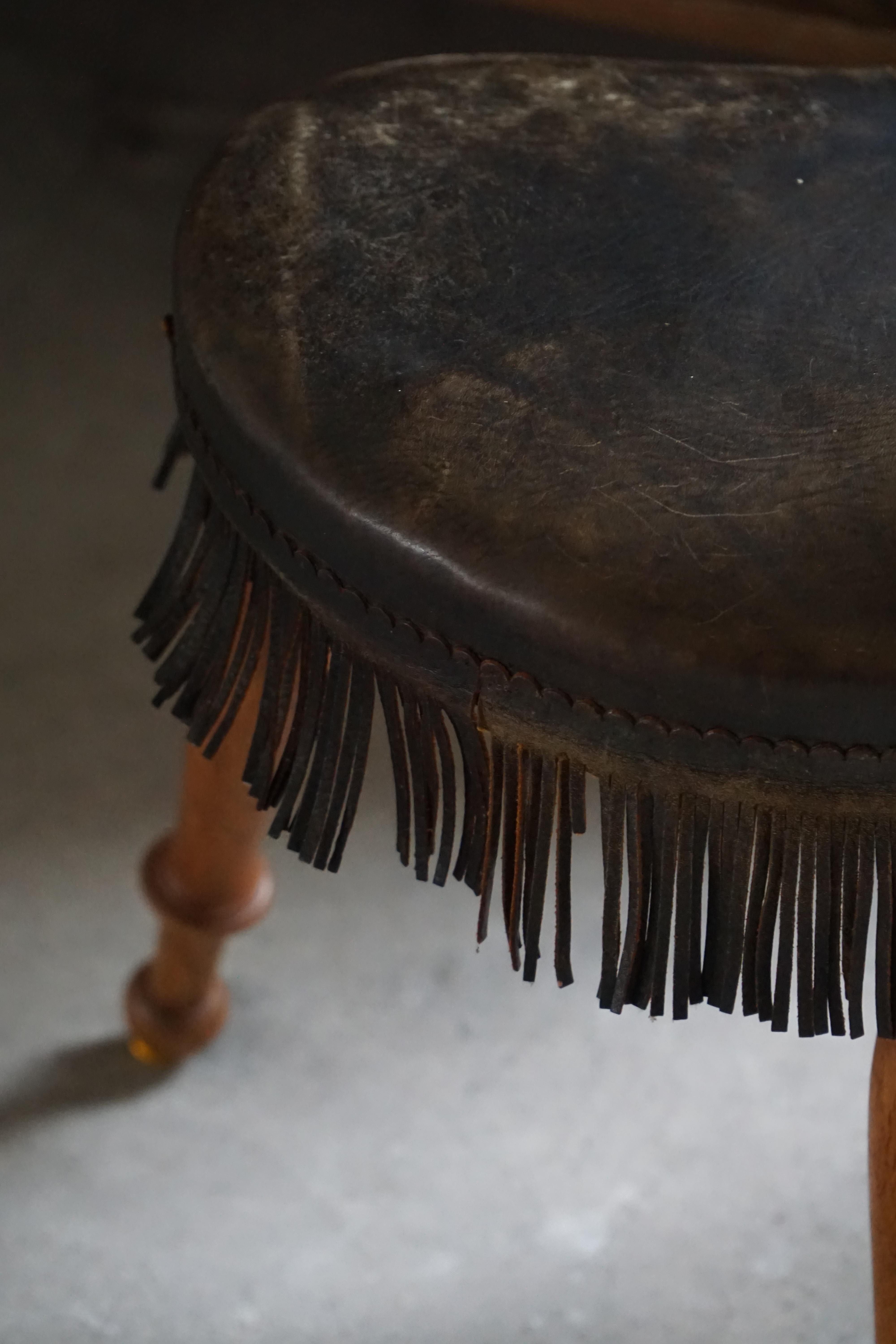 Early 20th Century, Danish Tripod Oak Stool with Leather Fringe, 1930s For Sale 14