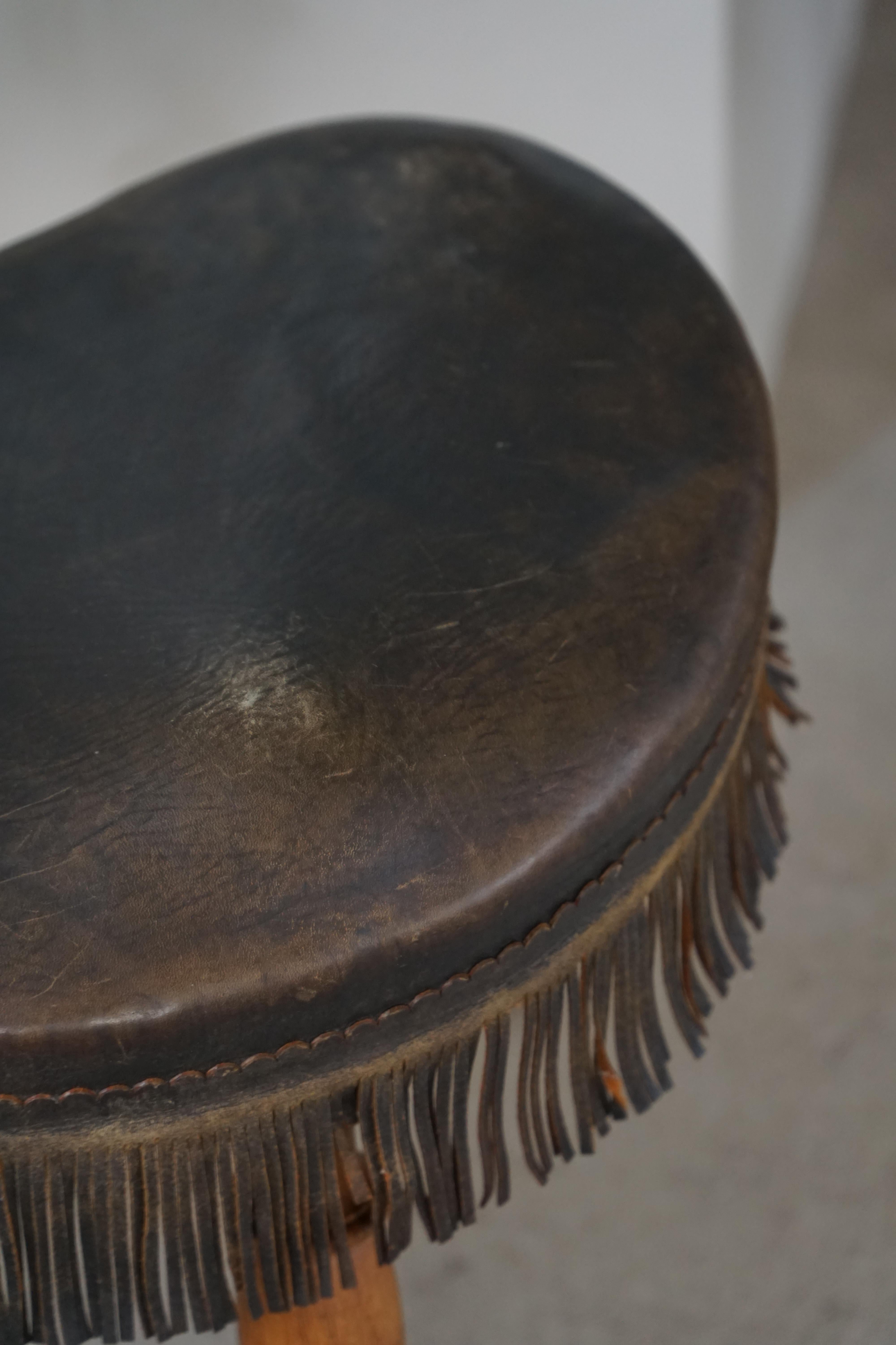 Early 20th Century, Danish Tripod Oak Stool with Leather Fringe, 1930s For Sale 1