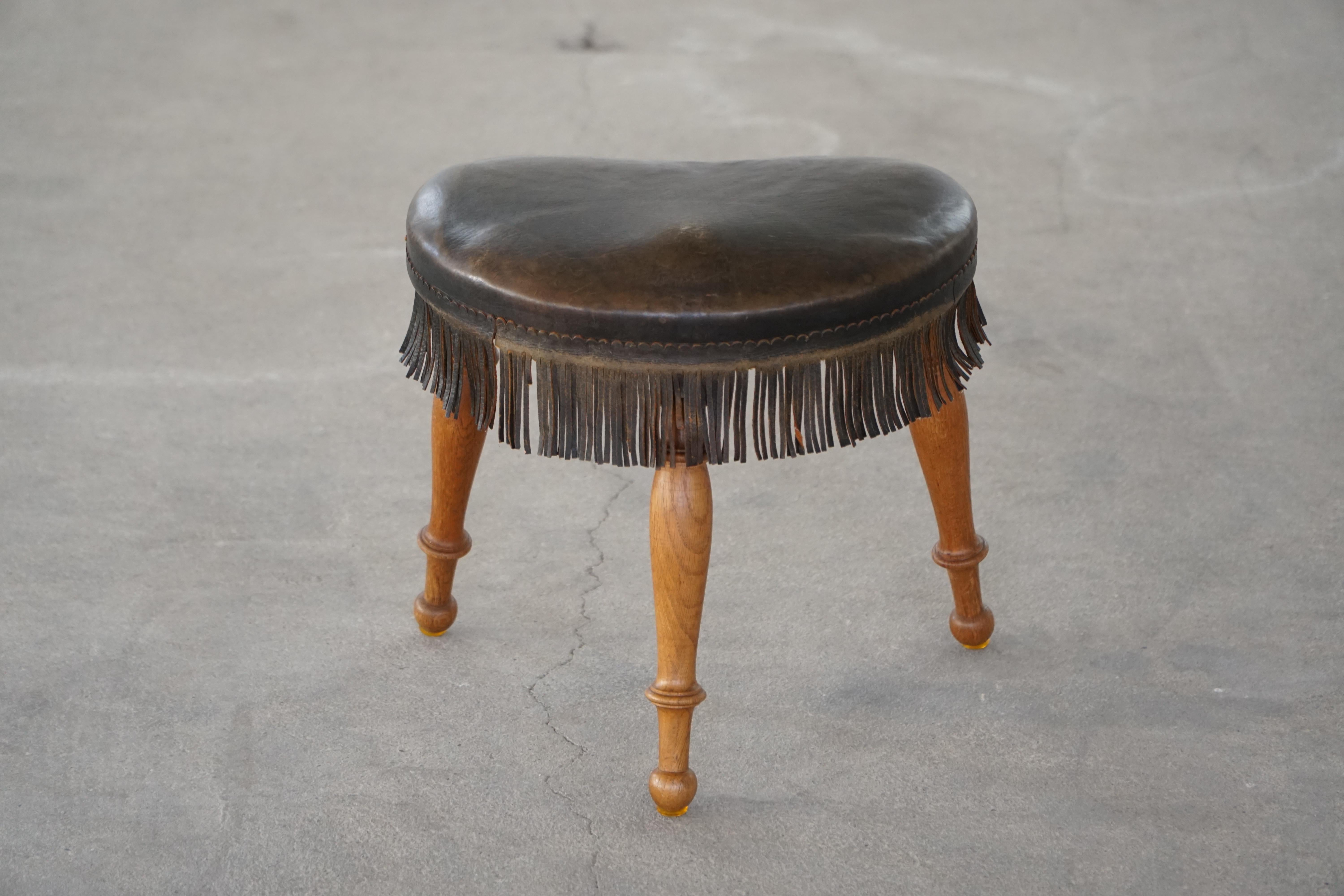 Early 20th Century, Danish Tripod Oak Stool with Leather Fringe, 1930s For Sale 2