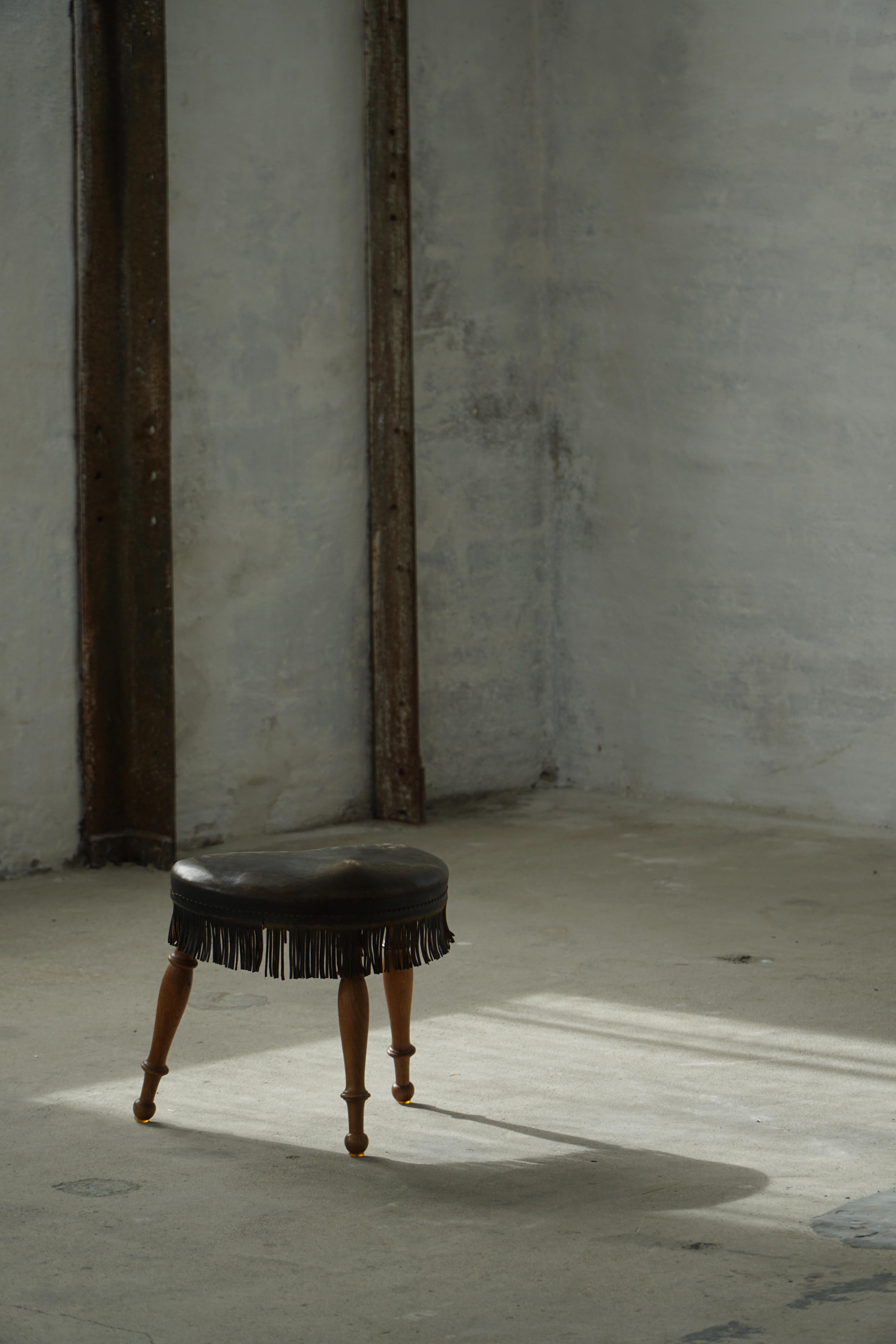 Early 20th Century, Danish Tripod Oak Stool with Leather Fringe, 1930s For Sale 3