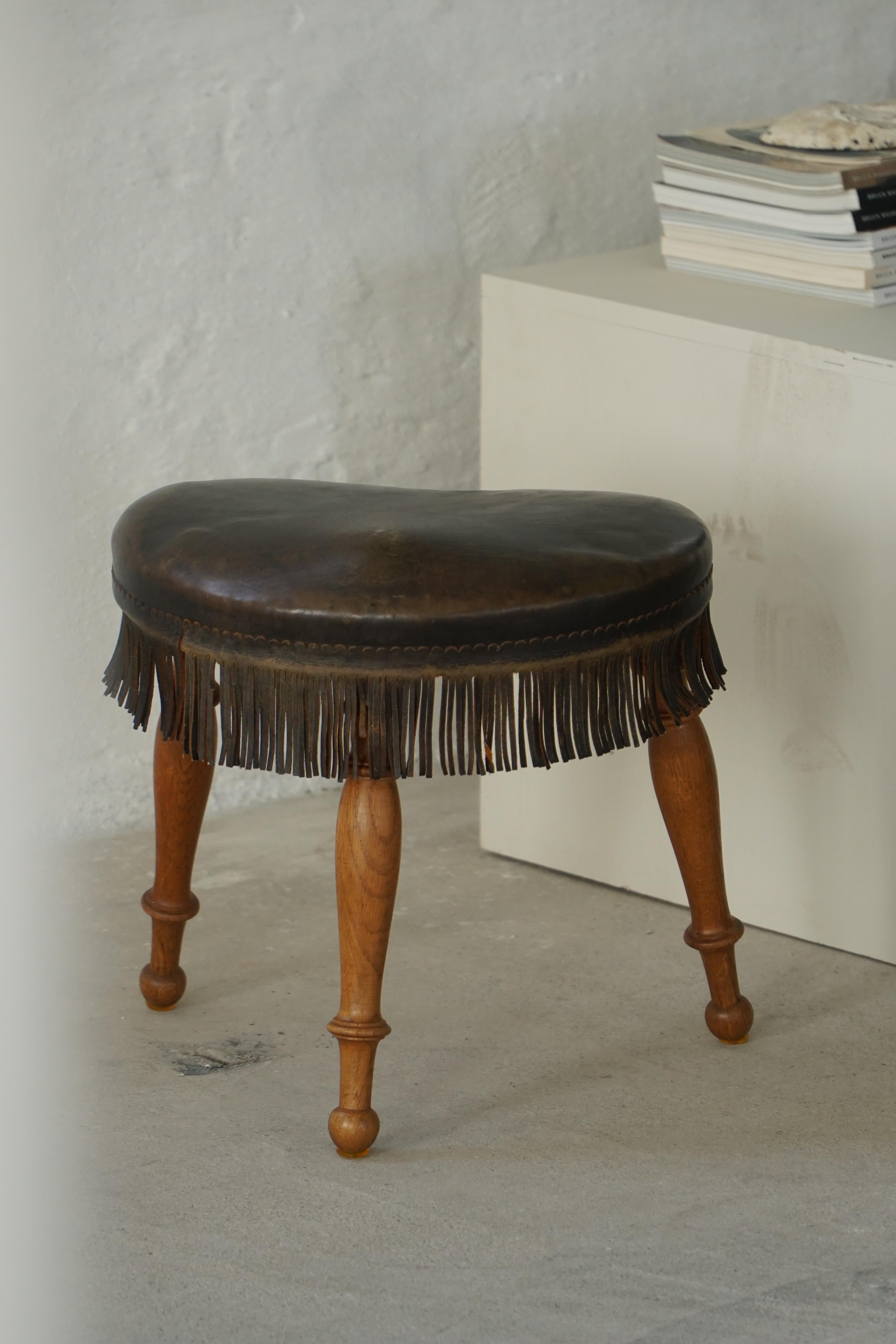 Early 20th Century, Danish Tripod Oak Stool with Leather Fringe, 1930s For Sale 4
