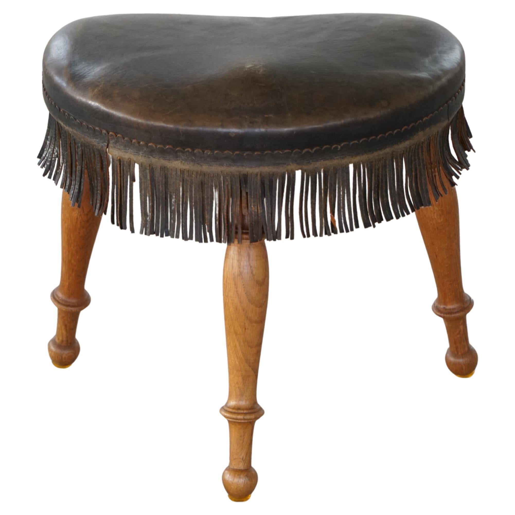 Early 20th Century, Danish Tripod Oak Stool with Leather Fringe, 1930s For Sale