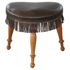 Early 20th Century, Danish Tripod Oak Stool with Leather Fringe, 1930s
