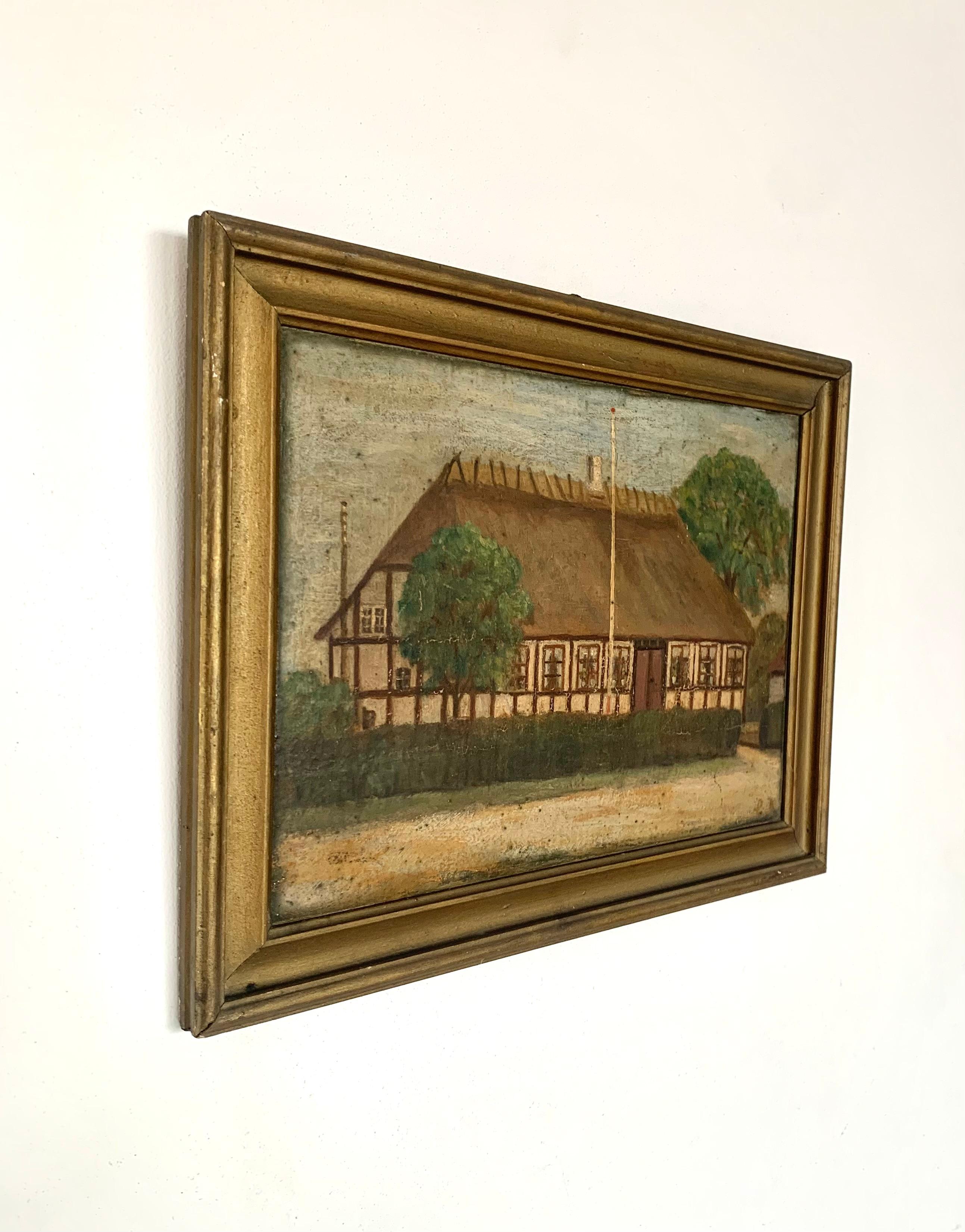Dänisches Ölgemälde aus dem frühen 20. Jahrhundert mit einem Fachwerkhaus (Art nouveau) im Angebot