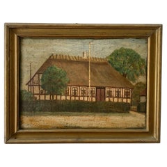 Early 20th century Danish vintage oil painting of a half-timbering house