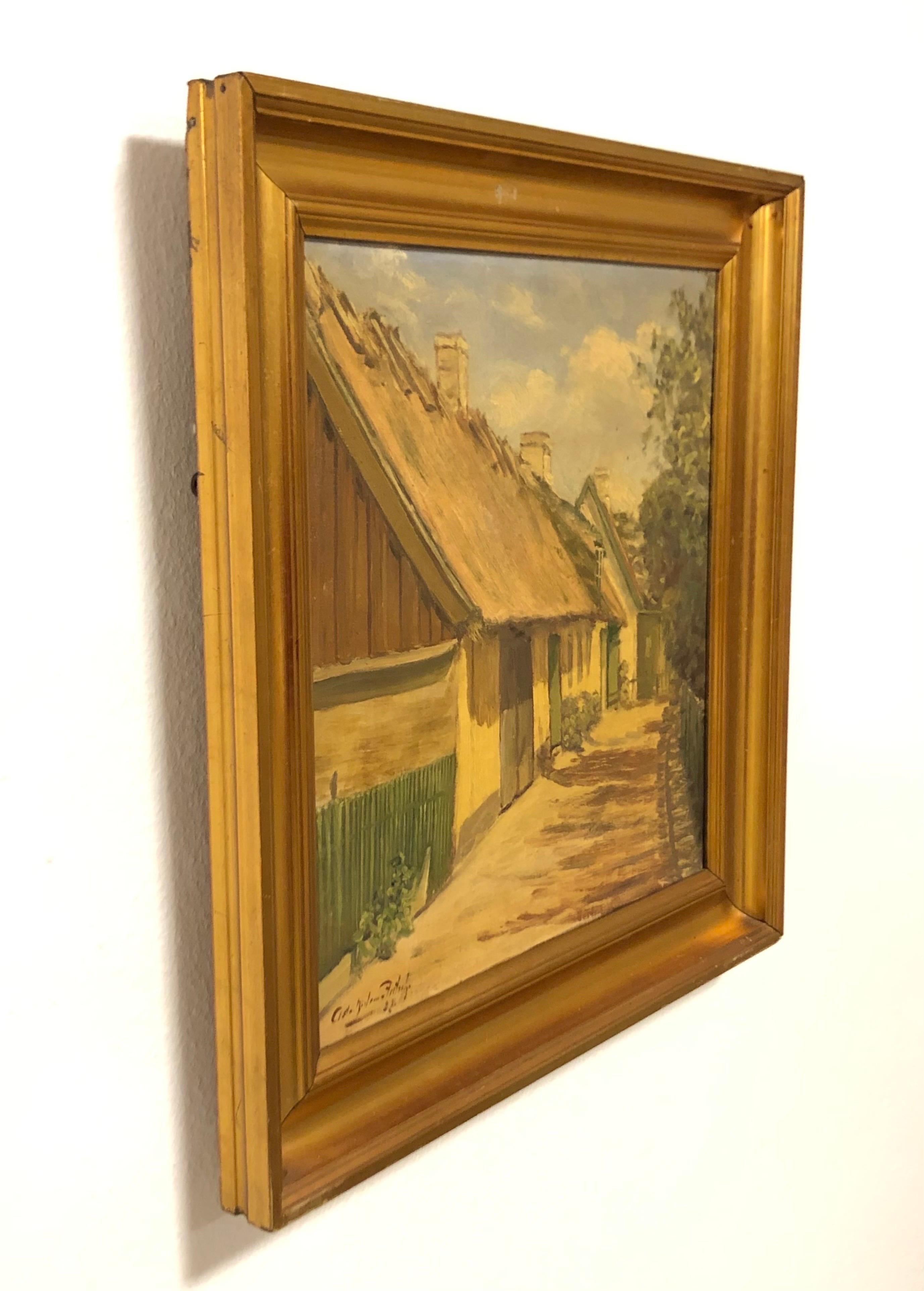 This is an exclusive original oil on canvas painting from 1928 by Asta Nielsen-Fritsch.
It is framed in a gold painted wooden frame and have a motive of houses in great details.

The painting is in good condition with wear according to its age. A