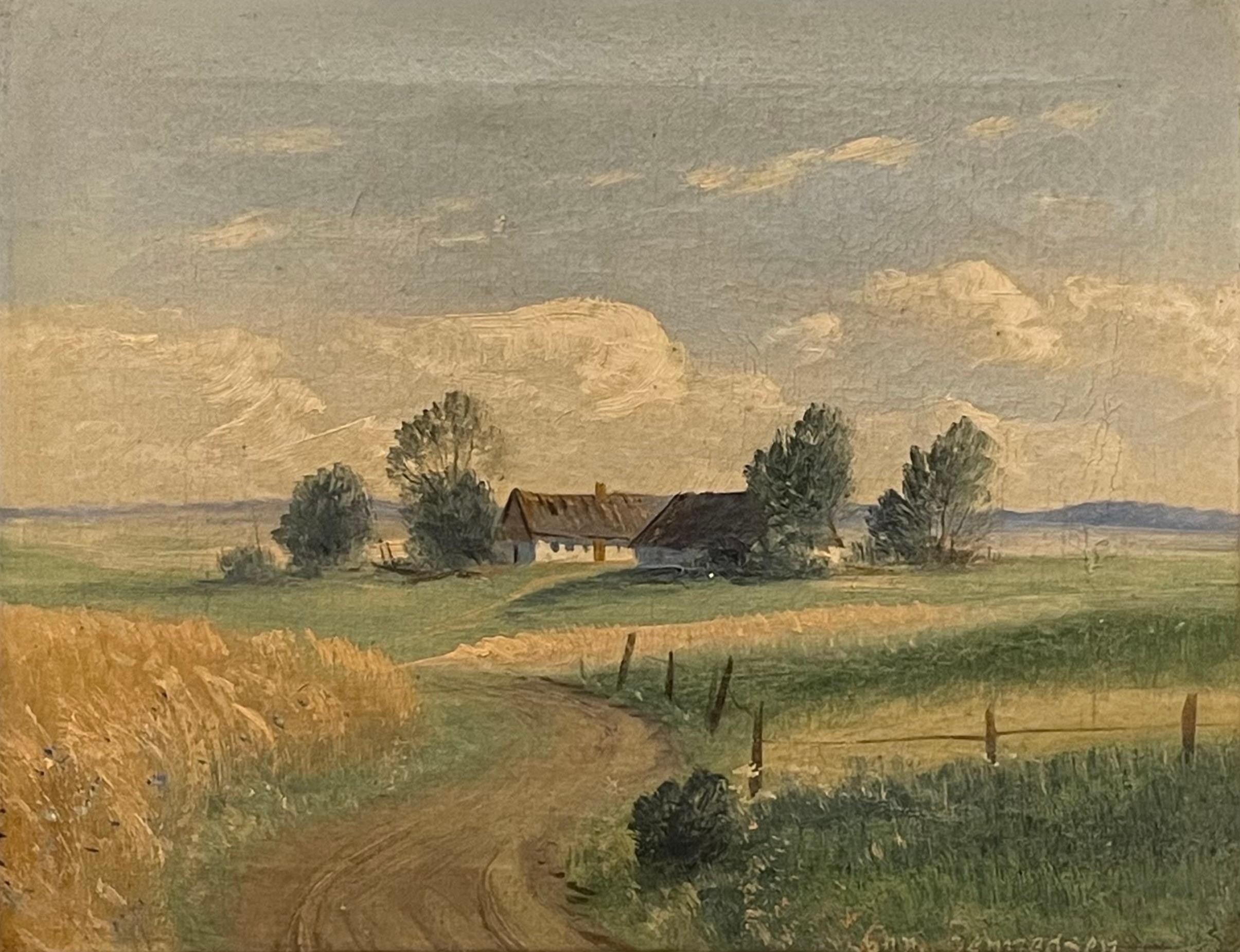This is an exclusive Danish vintage original oil on canvas painting by Jens Christian Bennedsen (1883-1967) estimated to be from the 1930s.
It is framed in a gold painted wooden frame and have a landscape motive with a farm.

The painting is in good
