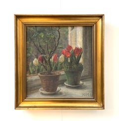 Early 20th century Danish vintage still life oil painting of flowers and plants