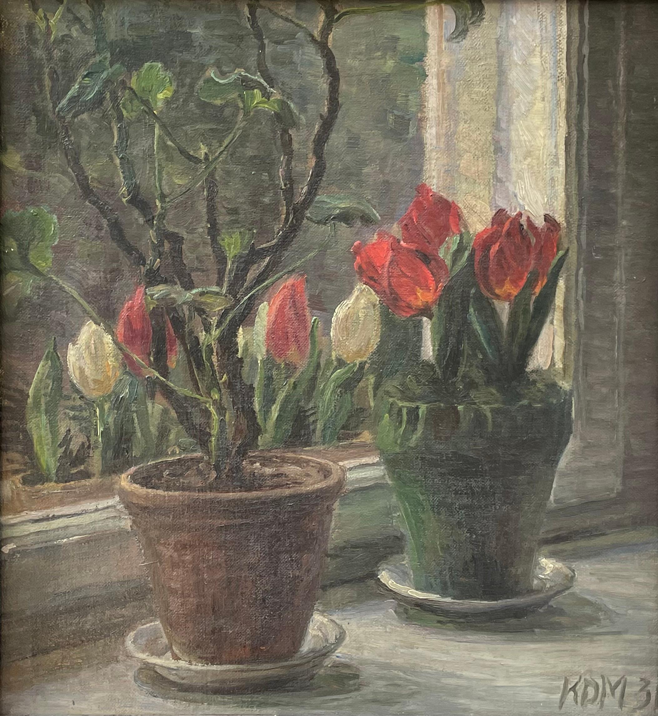 Romantique Nature morte danoise à l'huile de fleurs et de plantes du début du 20e siècle en vente