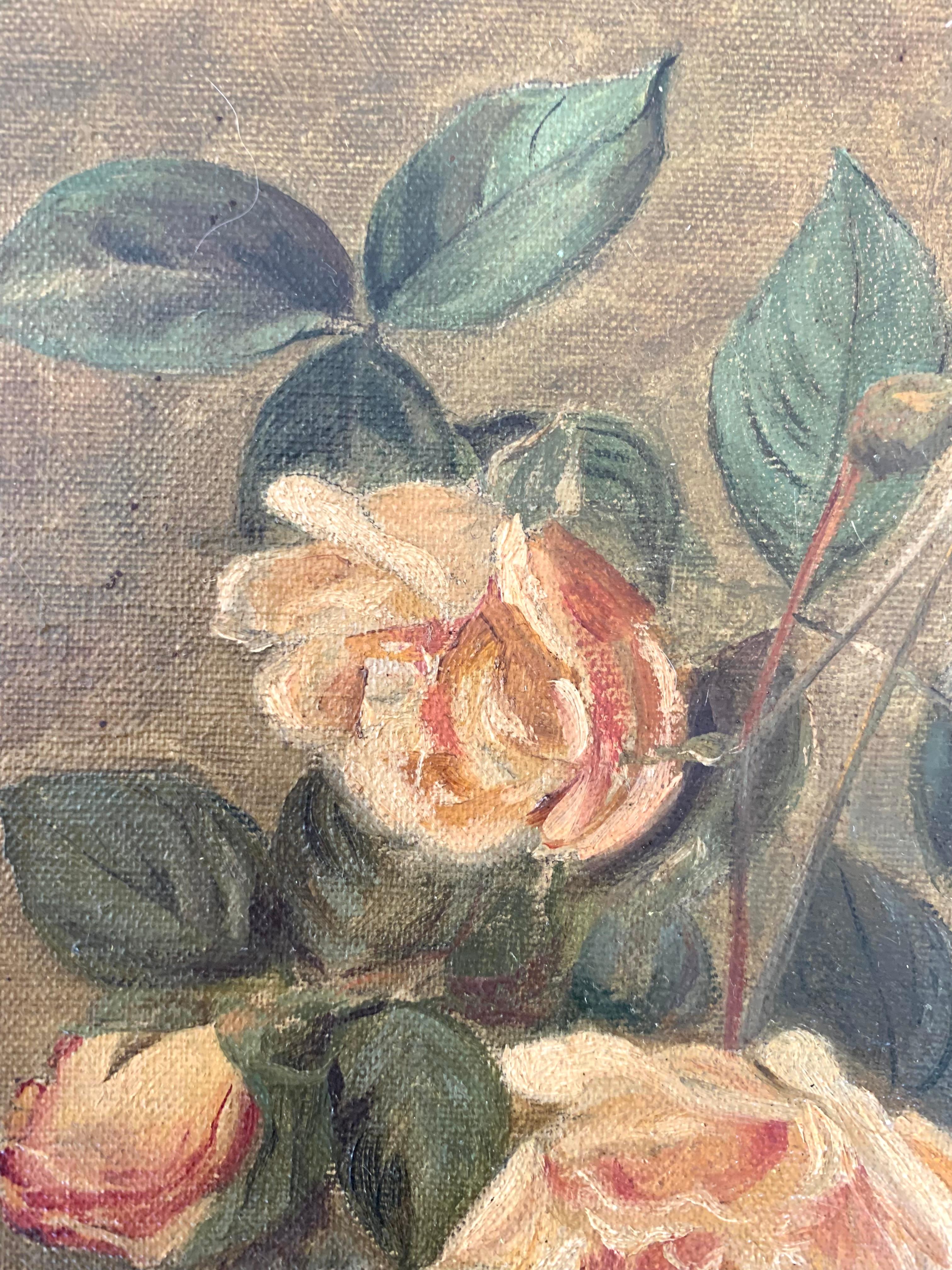 Dipinto Natura morta danese d'epoca dei primi del Novecento, pittura a olio di fiori e piante in vendita