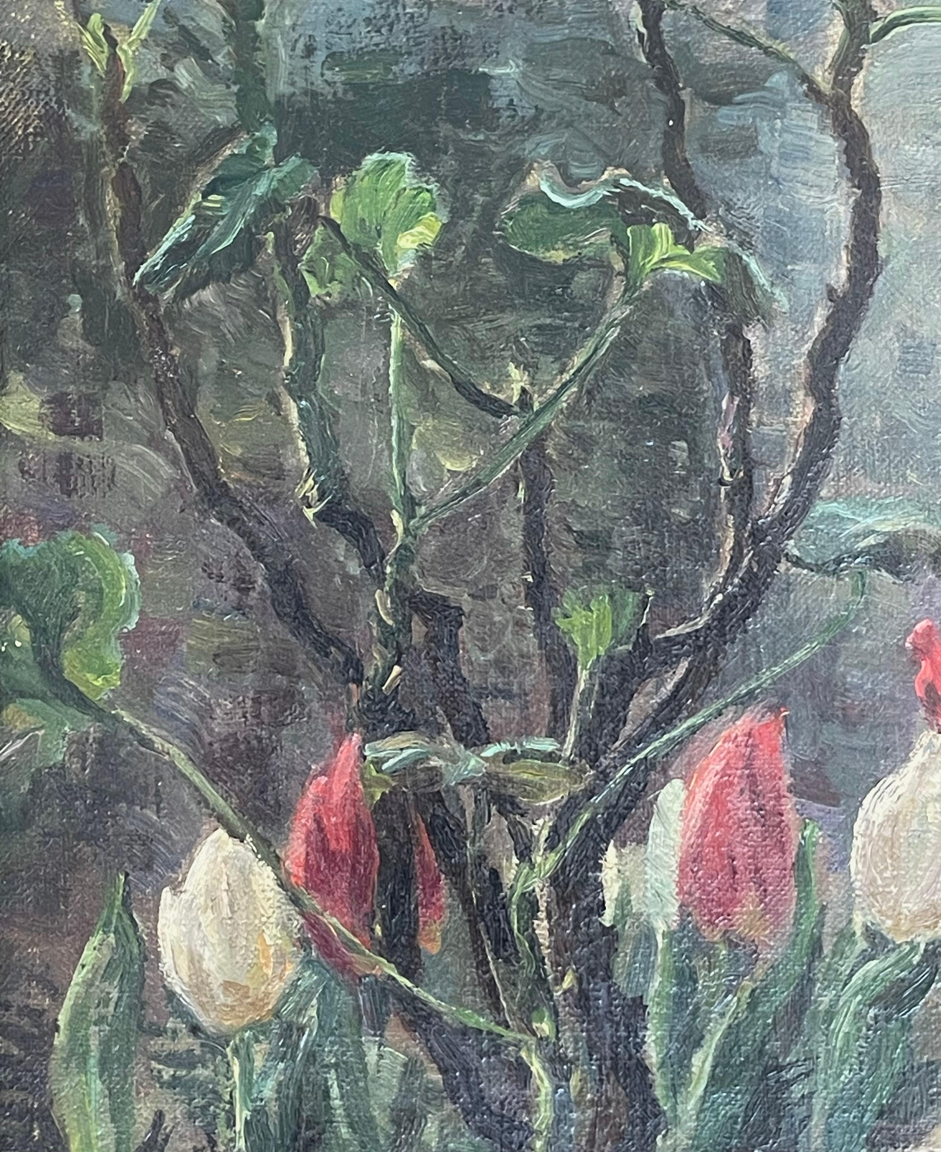 20ième siècle Nature morte danoise à l'huile de fleurs et de plantes du début du 20e siècle en vente