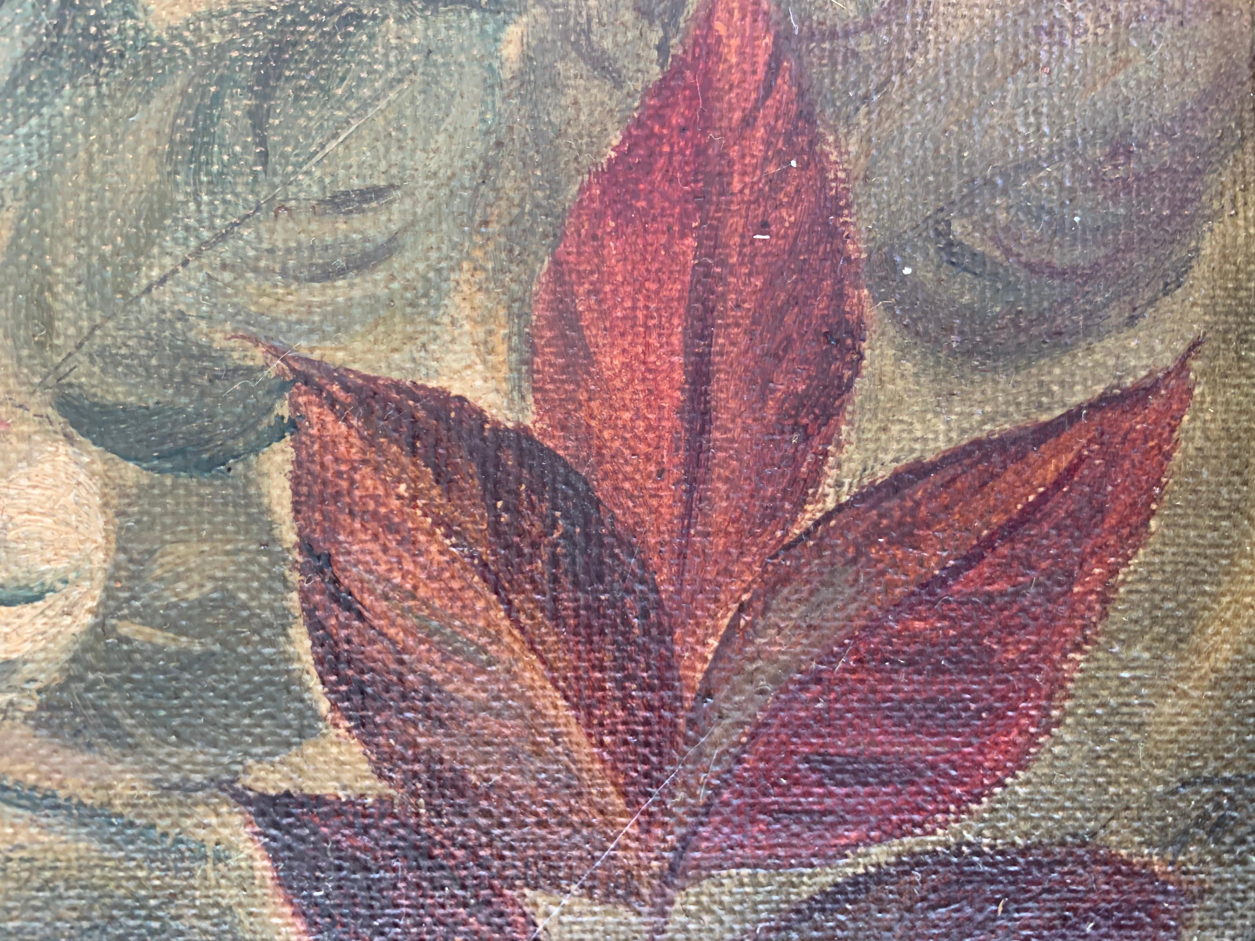 Tela Natura morta danese d'epoca dei primi del Novecento, pittura a olio di fiori e piante in vendita