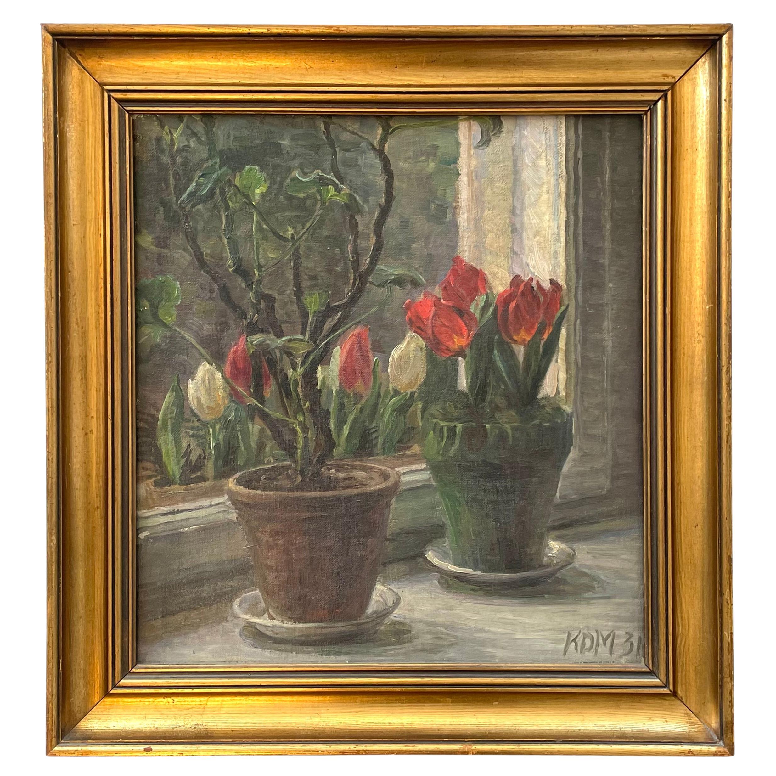 Early 20th century Danish vintage still life oil painting of flowers and plants