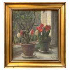 Dänisches Vintage-Stillleben des frühen 20. Jahrhunderts, Ölgemälde von Blumen und Pflanzen