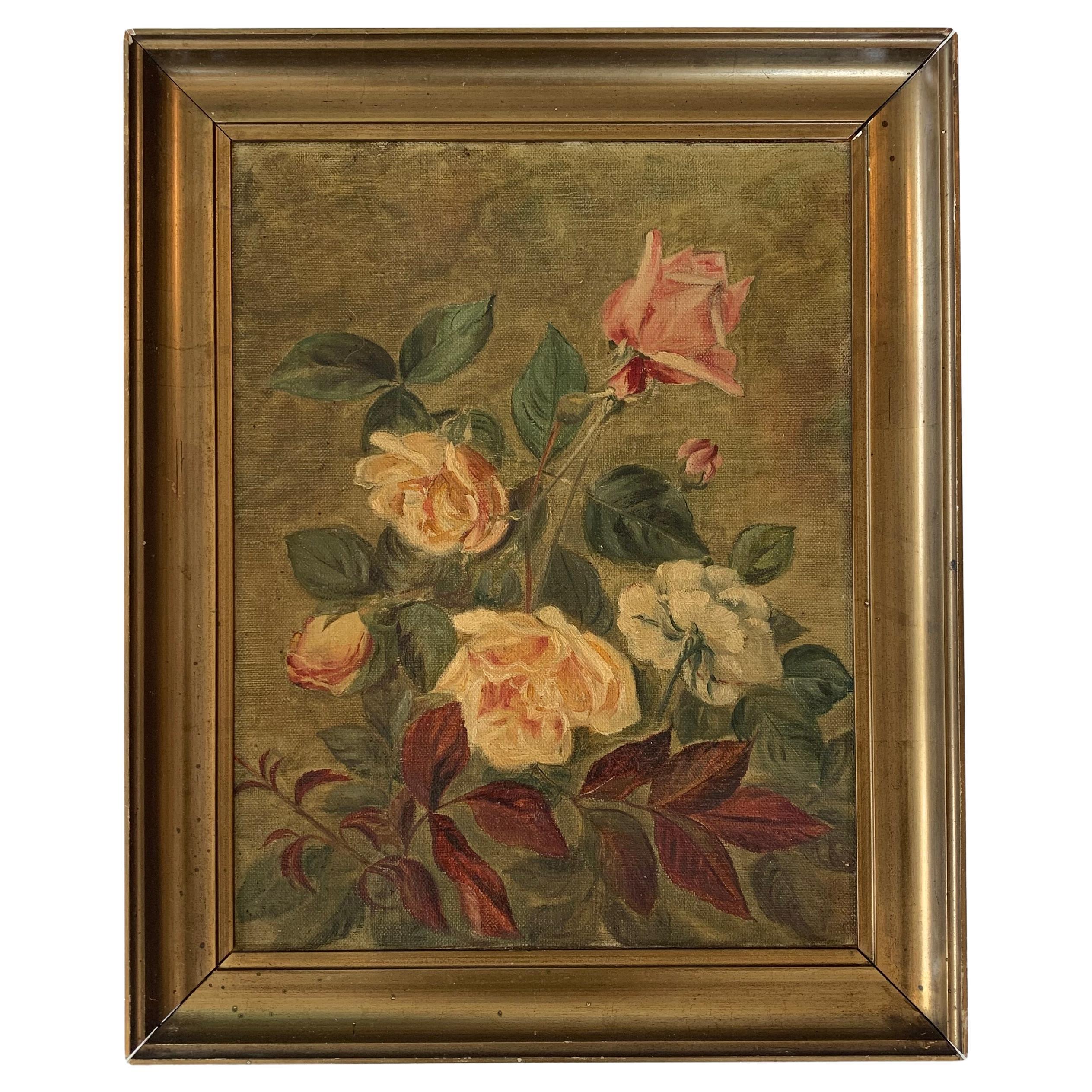 Early 20th century Danish vintage still life oil painting of flowers and plants