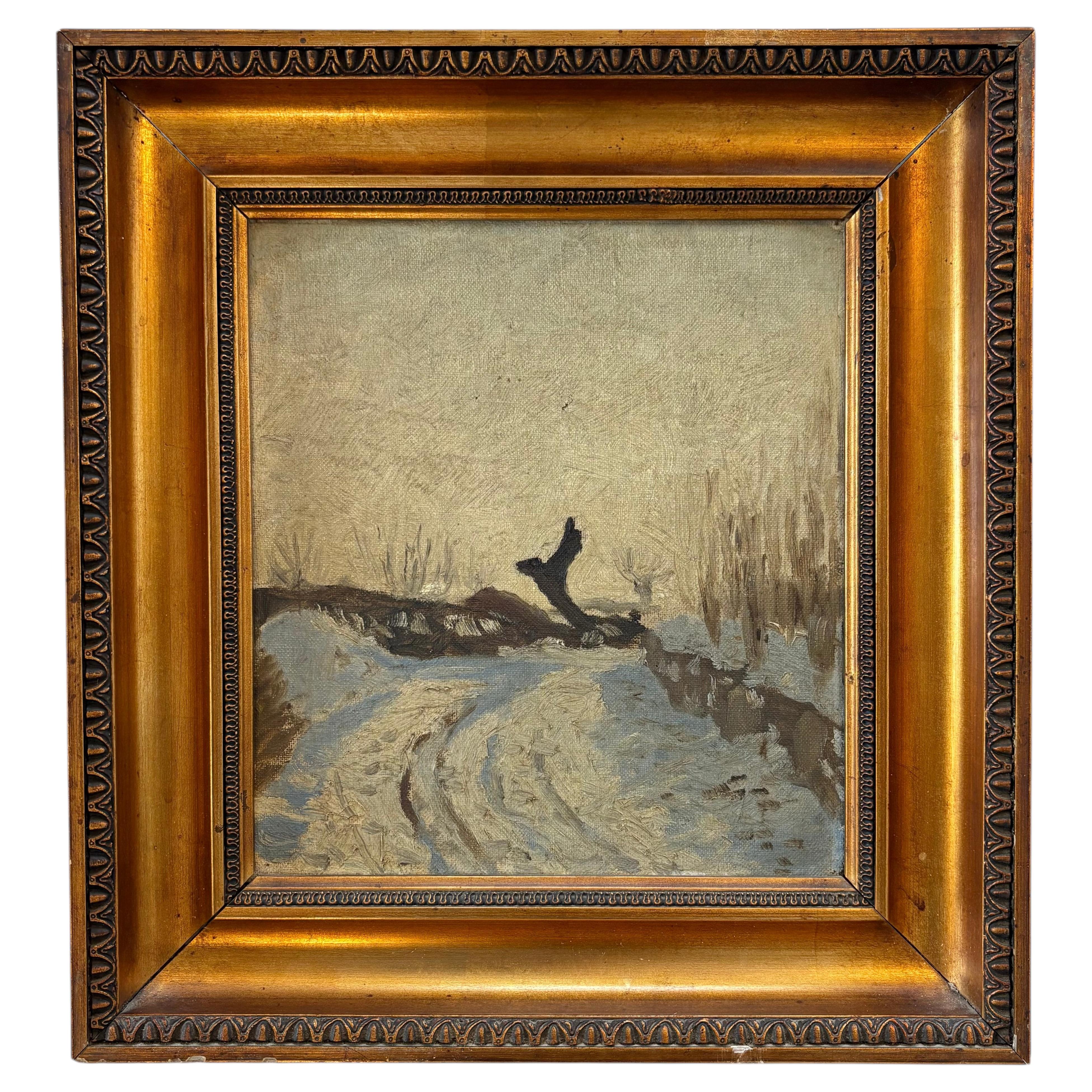 Paesaggio invernale danese dei primi anni del XX secolo, olio su tavola con cornice dorata in vendita