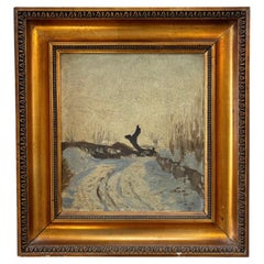 Paisaje invernal danés de principios del siglo XX, óleo sobre tabla con marco dorado