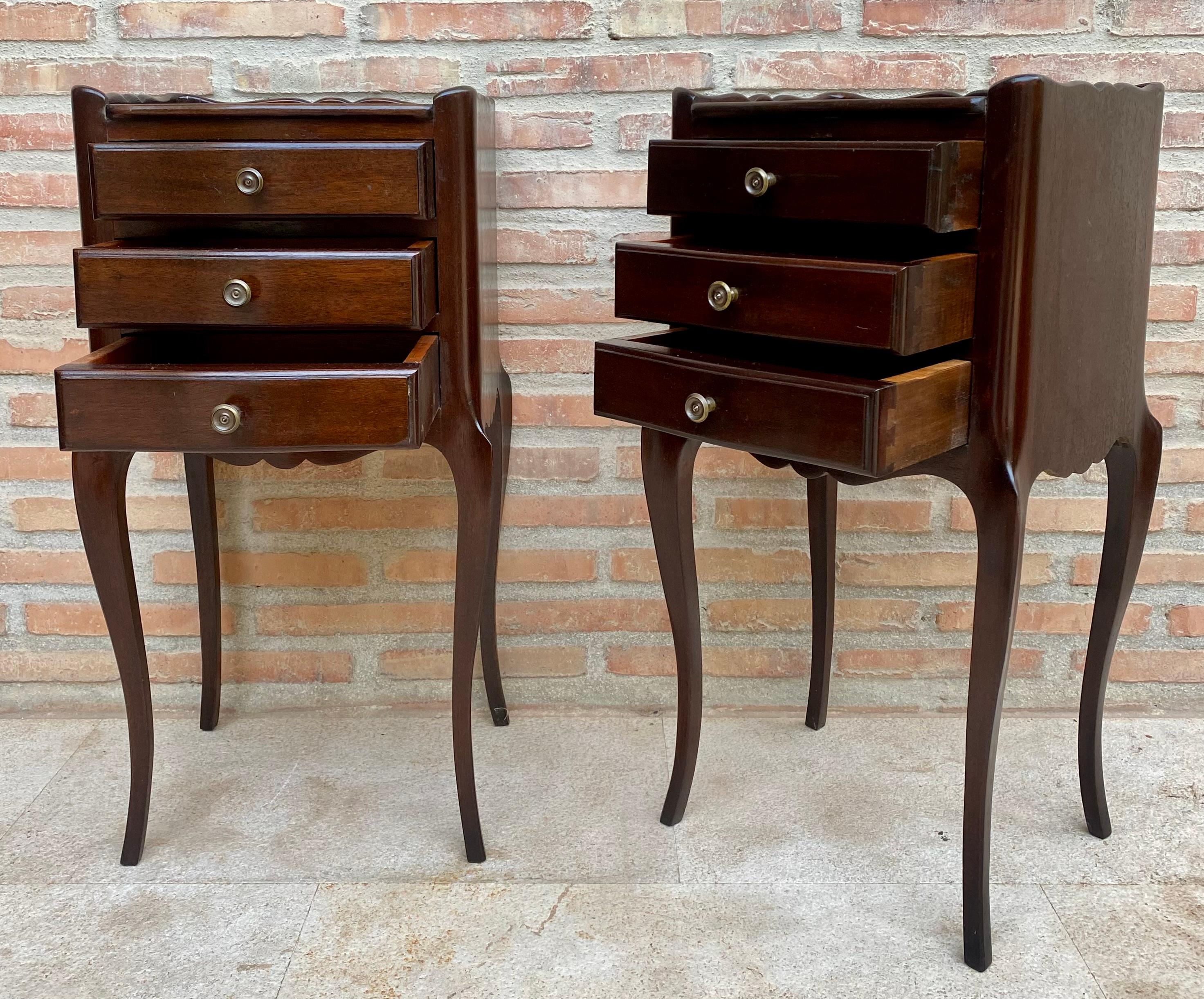 French Early 20th Century Dark Oak Nightstands with Three Drawers, 1940s, Set of 2 For Sale