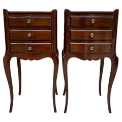 Vintage Early 20th Century Dark Oak Nightstands with Three Drawers, 1940s, Set of 2
