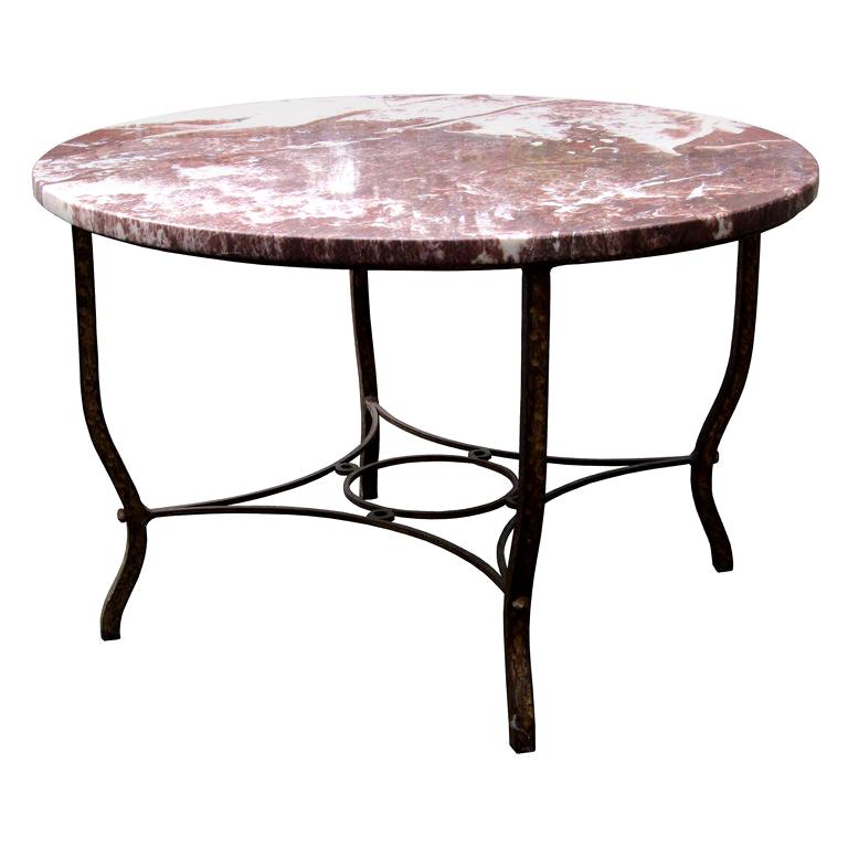 Early 20th Century Deco Round Iron Coffee Table with Red Marble Top
