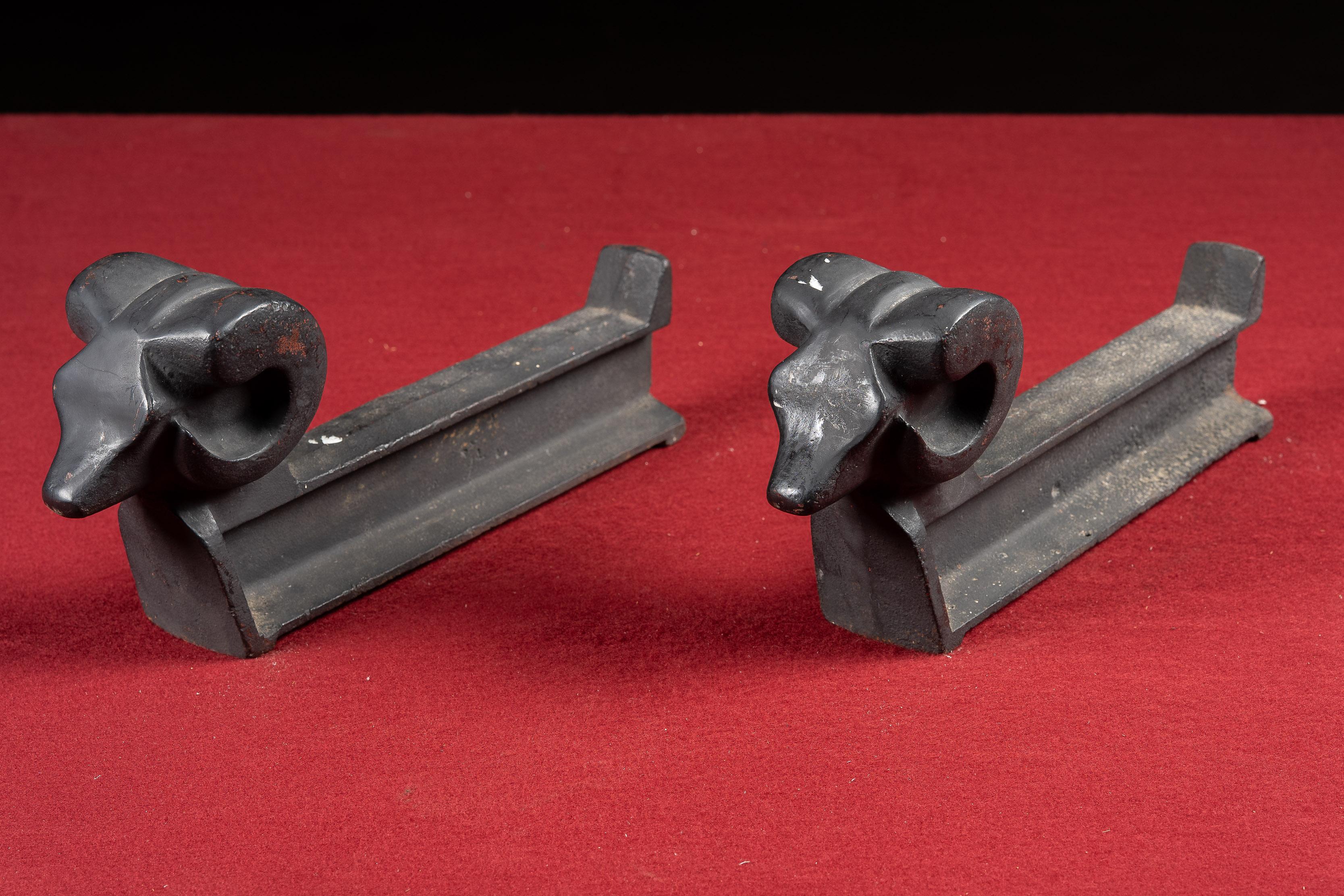 Art Deco Early 20th Century Decorative Cast Iron Ram Andirons For Sale