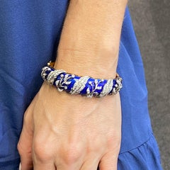 Early 20th Century Diamond Blue Enamel 18KYG Hinged Estate Bangle Bracelet