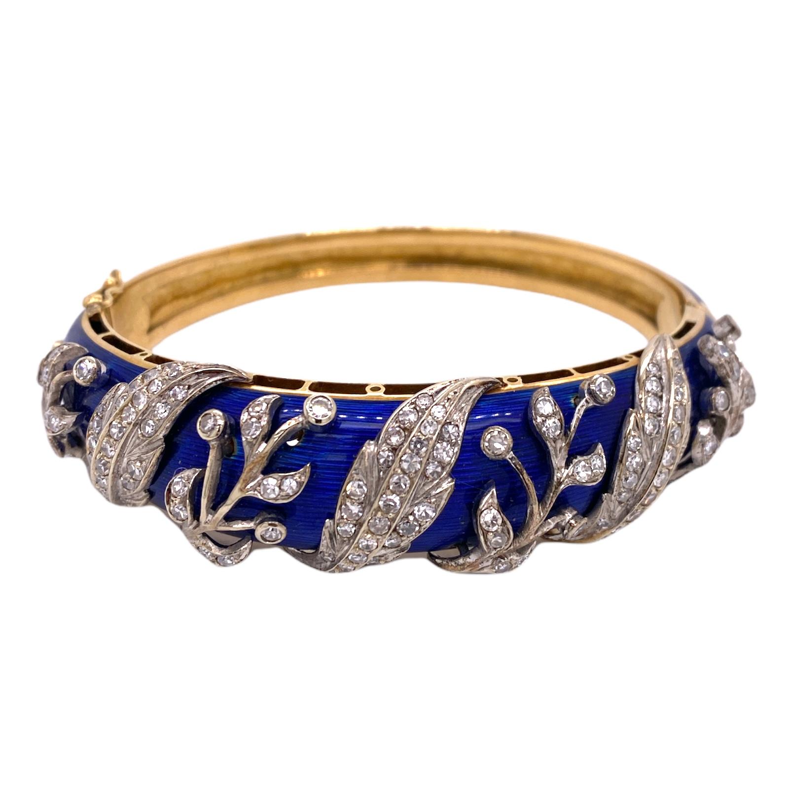 Edwardian Early 20th Century Diamond Blue Enamel 18KYG Hinged Estate Bangle Bracelet