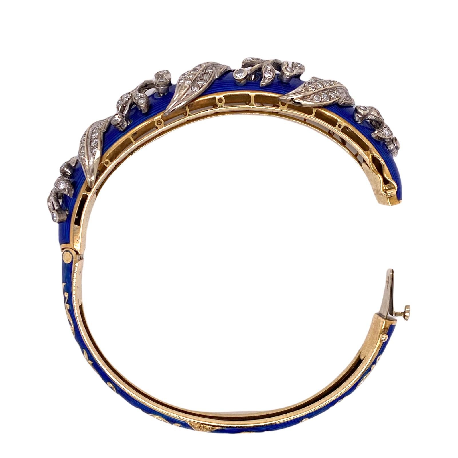 Women's Early 20th Century Diamond Blue Enamel 18KYG Hinged Estate Bangle Bracelet