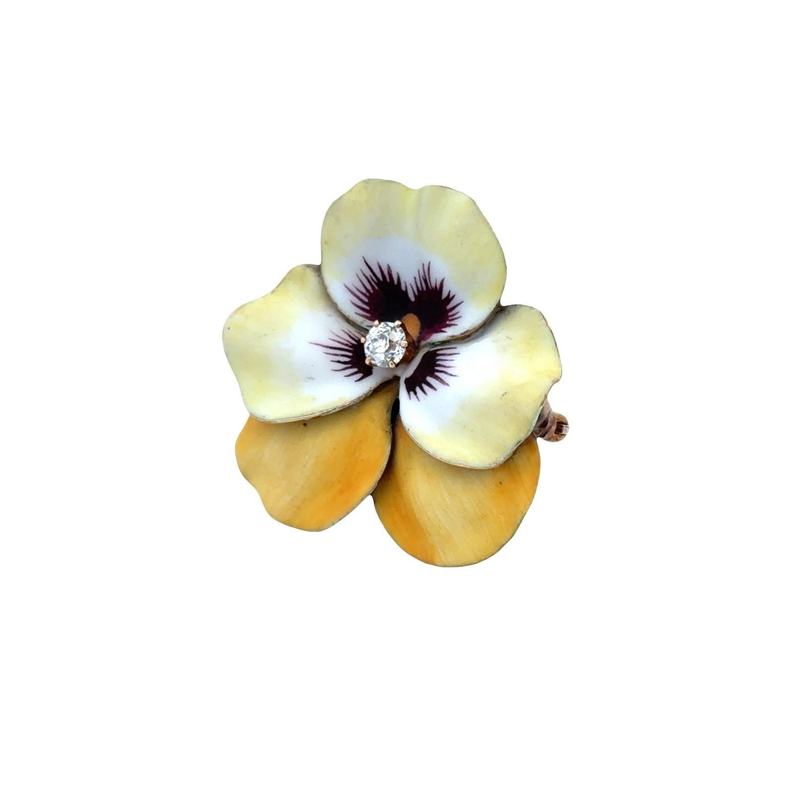 Edoardiano Spilla floreale a forma di viola del pensiero in oro giallo 14 carati dei primi del '900 con smalto diamantato in vendita