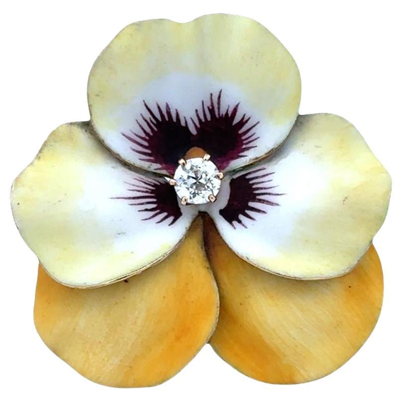 Early 20th Century Diamond Enamel 14 Karat Yellow Gold Pansy Floral Brooch Pin