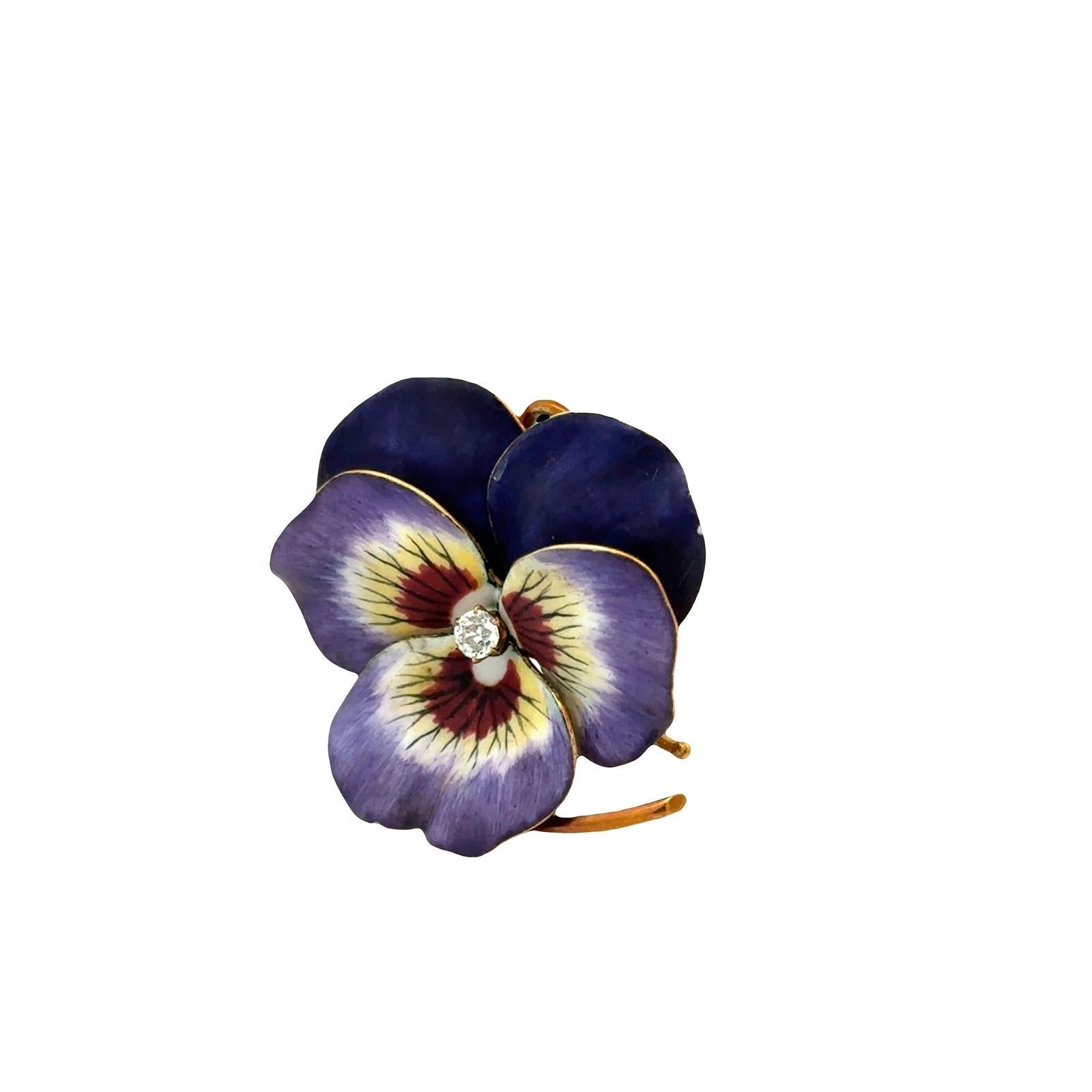 Edwardian Early 20th Century Diamond Enamel 18 Karat Yellow Gold Pansy Brooch Pendant For Sale