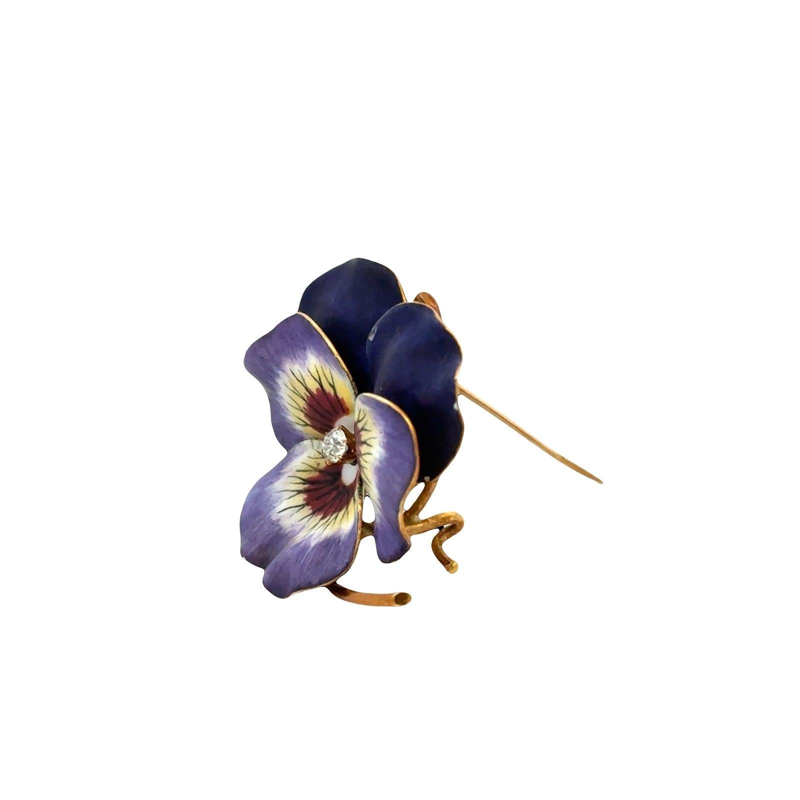 Old European Cut Early 20th Century Diamond Enamel 18 Karat Yellow Gold Pansy Brooch Pendant For Sale