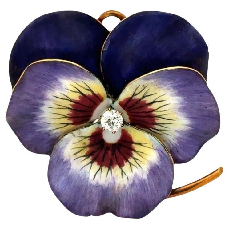 Early 20th Century Diamond Enamel 18 Karat Yellow Gold Pansy Brooch Pendant For Sale