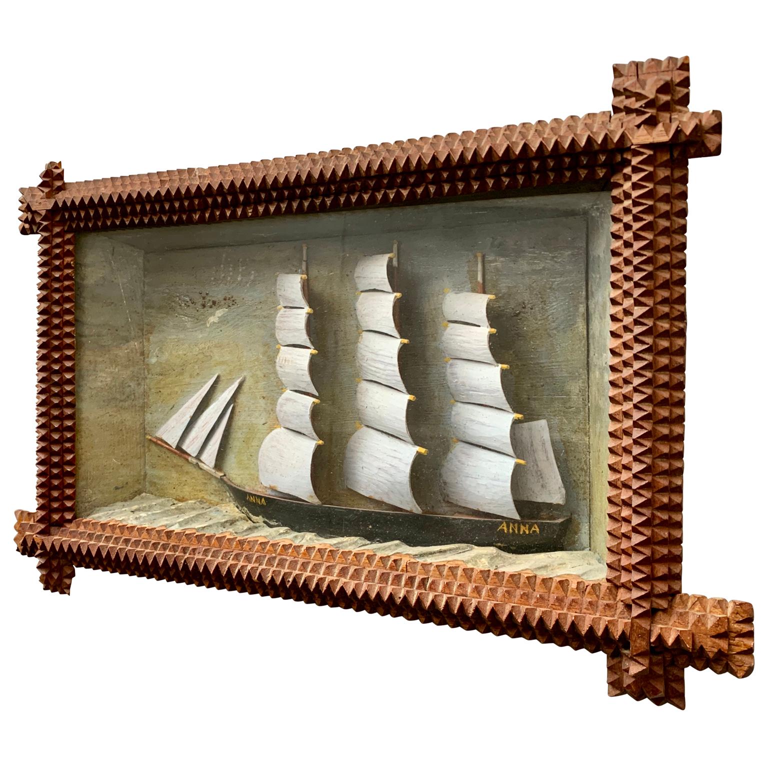 Hand carved, painted and sailor made ship model of the Swedish sailing ship Anna. With a typical seaman handmade frame.