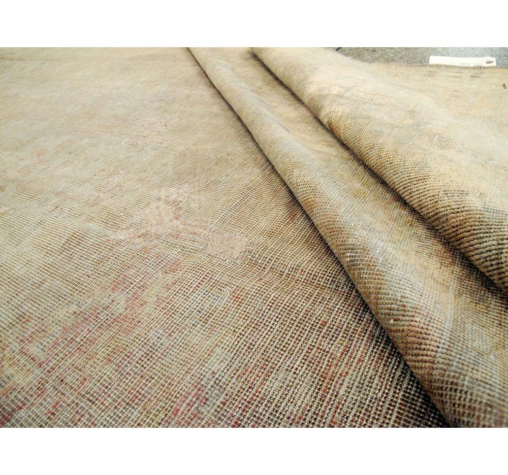 Early 20th Century Distressed Handmade Turkish Gold and Beige Room Size Carpet 4