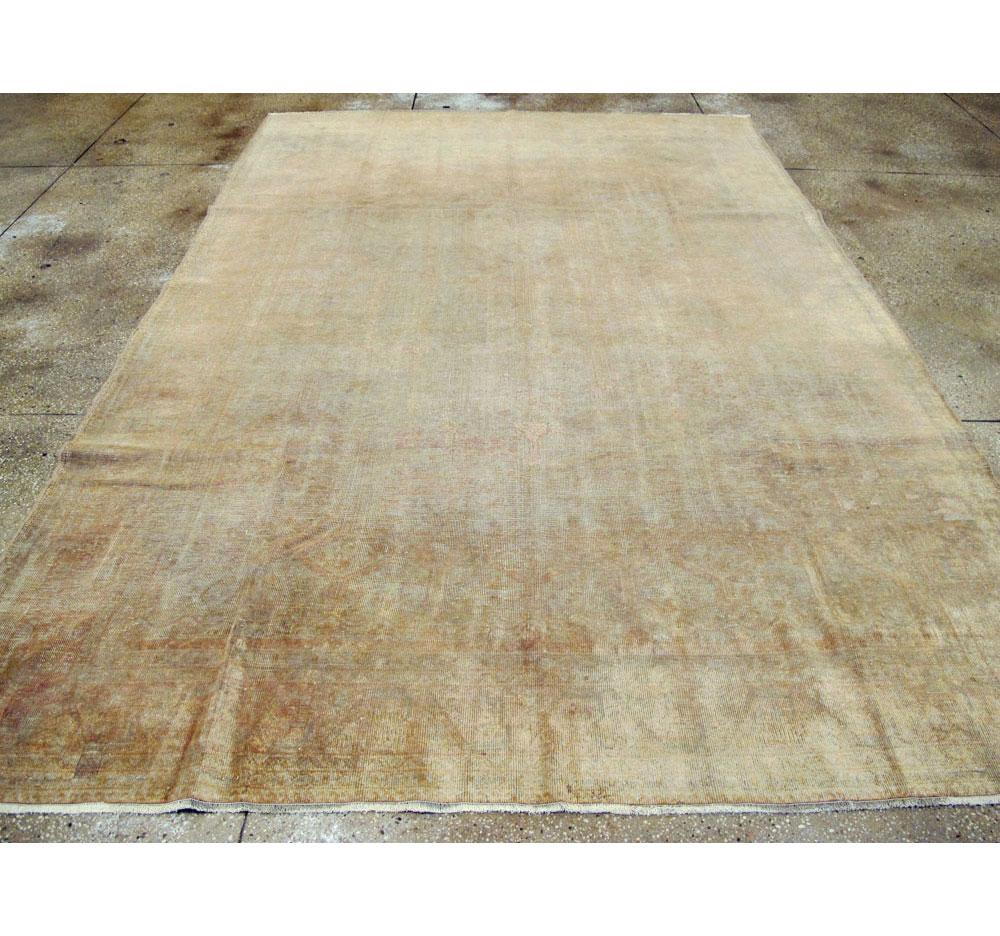 Early 20th Century Distressed Handmade Turkish Gold and Beige Room Size Carpet In Distressed Condition In New York, NY