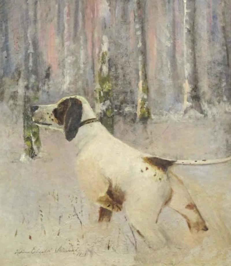 Early 20th century painting of hunting dog in landscape in gold gilt frame
signed and dated in lower left corner: 
