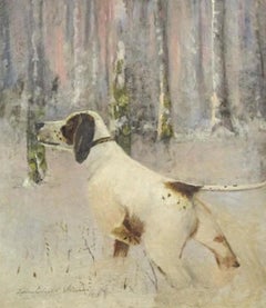 Early 20th Century Painting of Hunting Dog in Landscape in Gold Gilt Frame