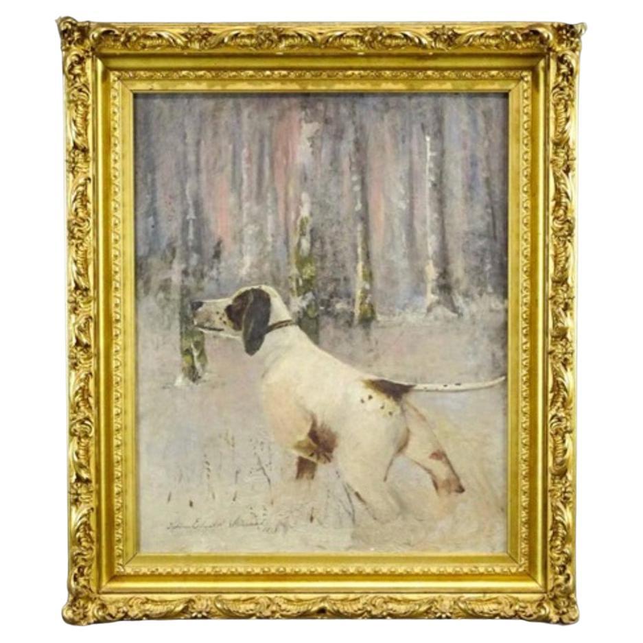 Peinture de paysage avec chien dans un cadre doré, début du XXe siècle en vente