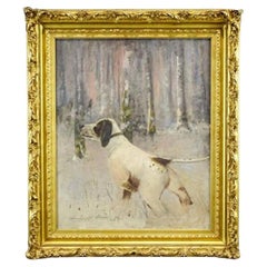 Antique Early 20th Century Painting of Hunting Dog in Landscape in Gold Gilt Frame