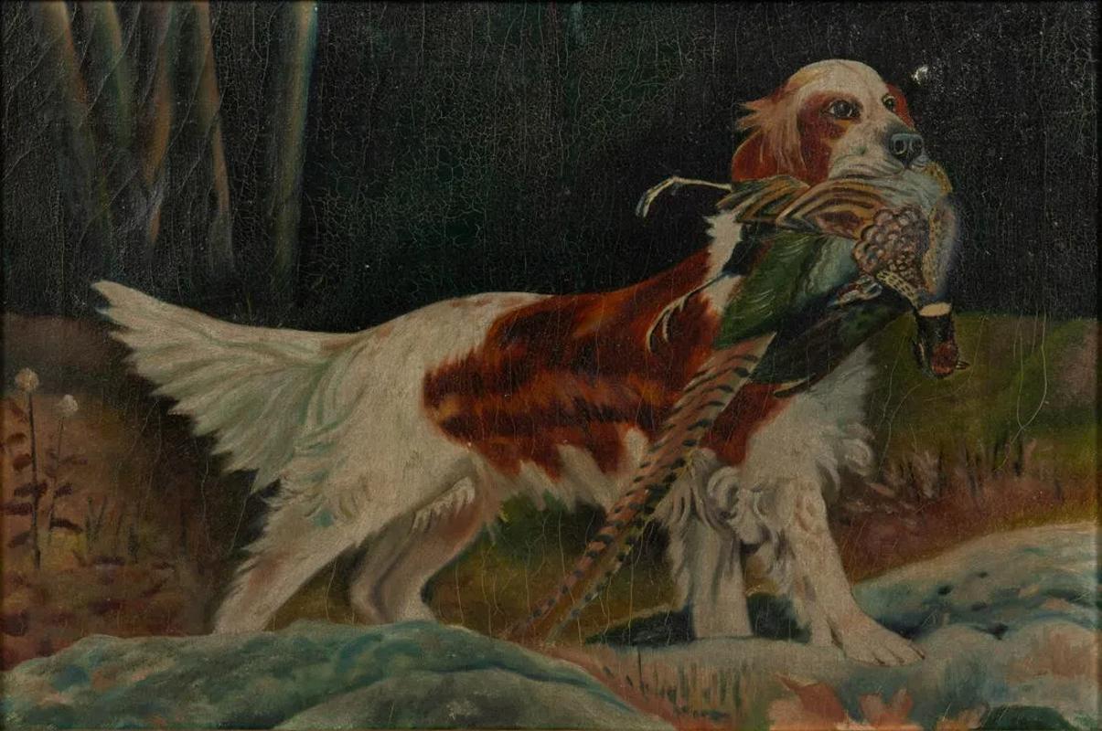 Early 20th century dog with pheasant folk art oil on cotton ticking painting.
American School, oil on cotton ticking, featuring a brown-and-white hunting dog with retrieved pheasant in a wooded setting, no signature located. 
Molded composition