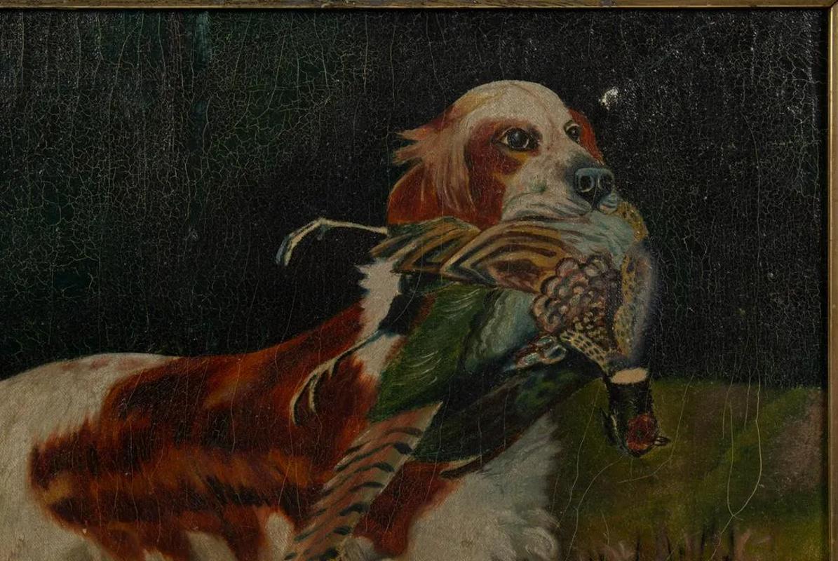 American Early 20th Century Dog with Pheasant Folk Art Oil on Cotton Ticking Painting