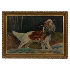 Antique Early 20th Century Dog with Pheasant Folk Art Oil on Cotton Ticking Painting